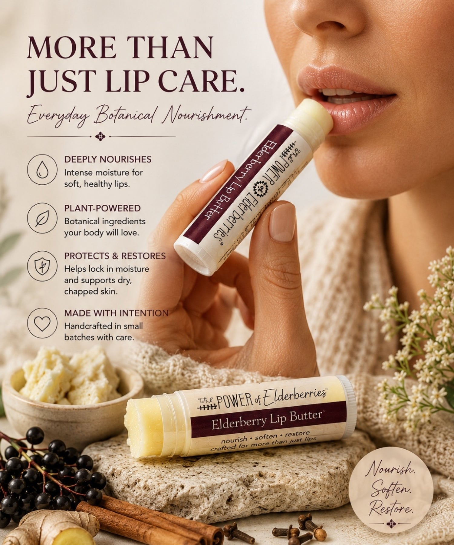 Woman applying The POWER of Elderberries® Elderberry Lip Butter for natural botanical lip nourishment.