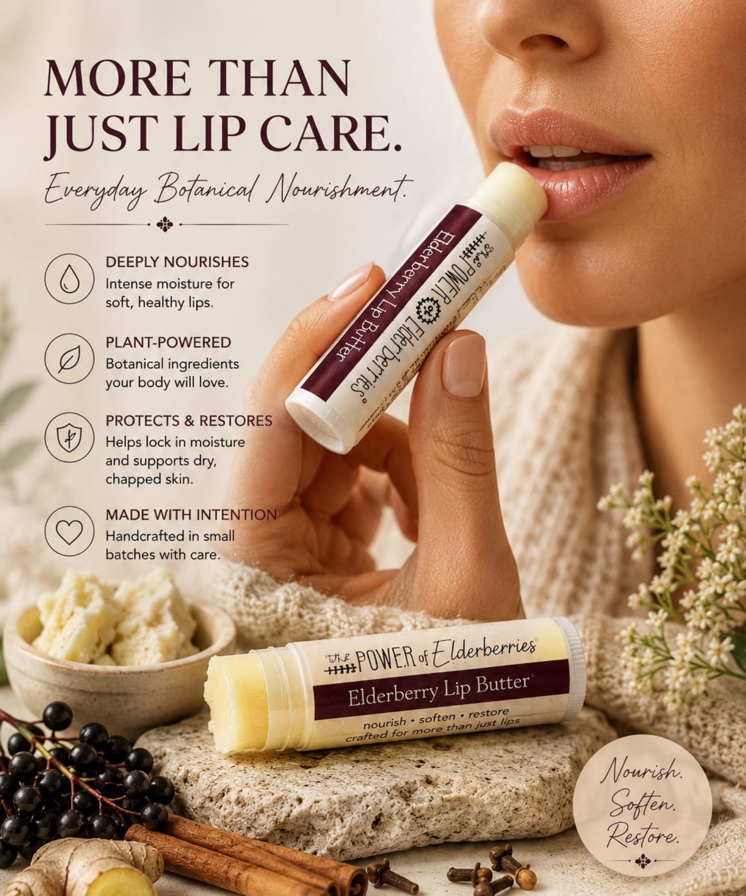Woman applying The POWER of Elderberries® Elderberry Lip Butter for natural botanical lip nourishment.