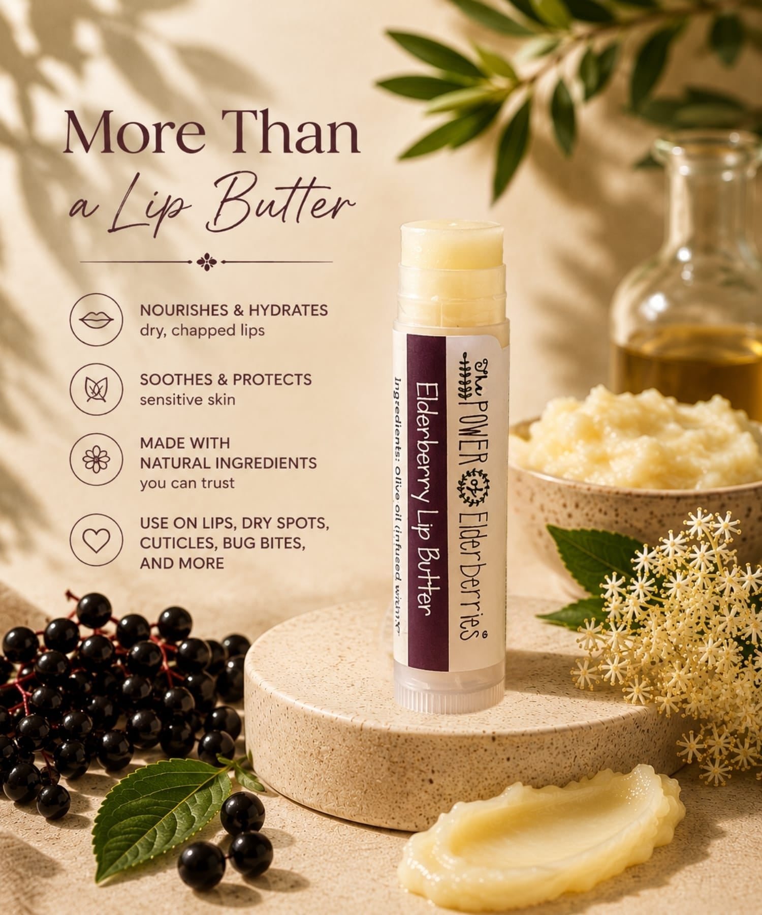 Benefits of The POWER of Elderberries® Elderberry Lip Butter including hydration, nourishment, and botanical skincare support.