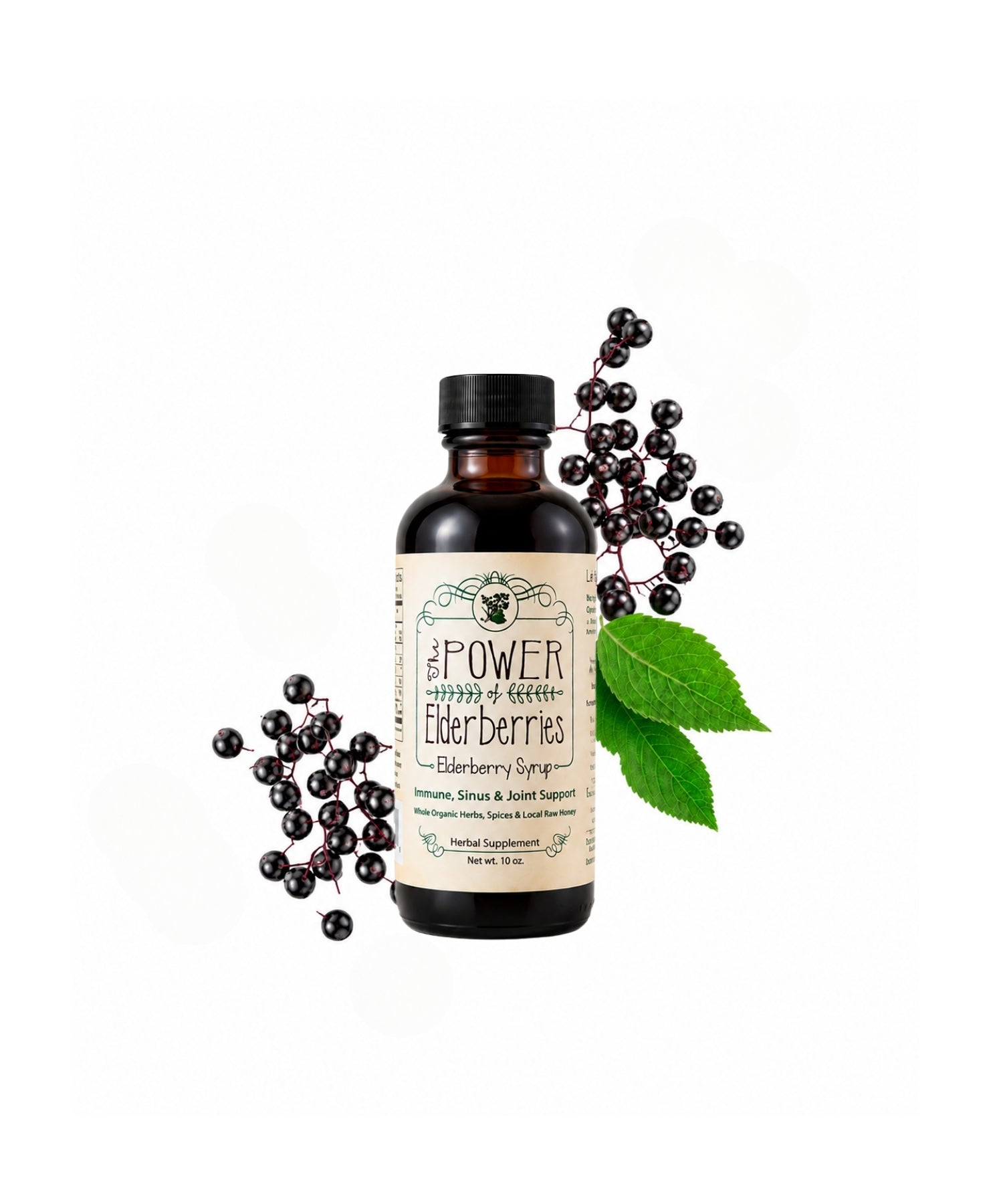 10oz elderberry syrup bottle with elderberries and leaves on a clean white background.