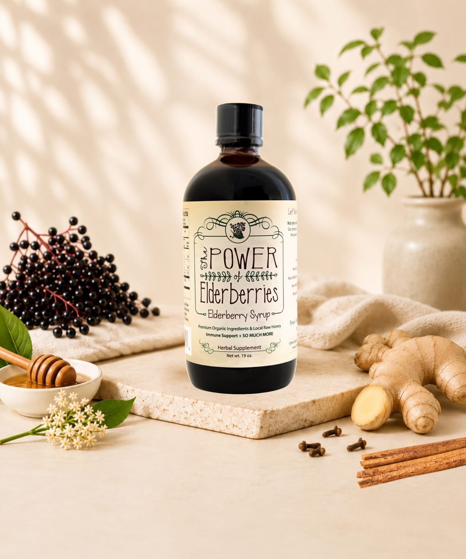 Fresh-made elderberry syrup with organic black elderberries, ginger root, cinnamon sticks, whole cloves and local raw honey.