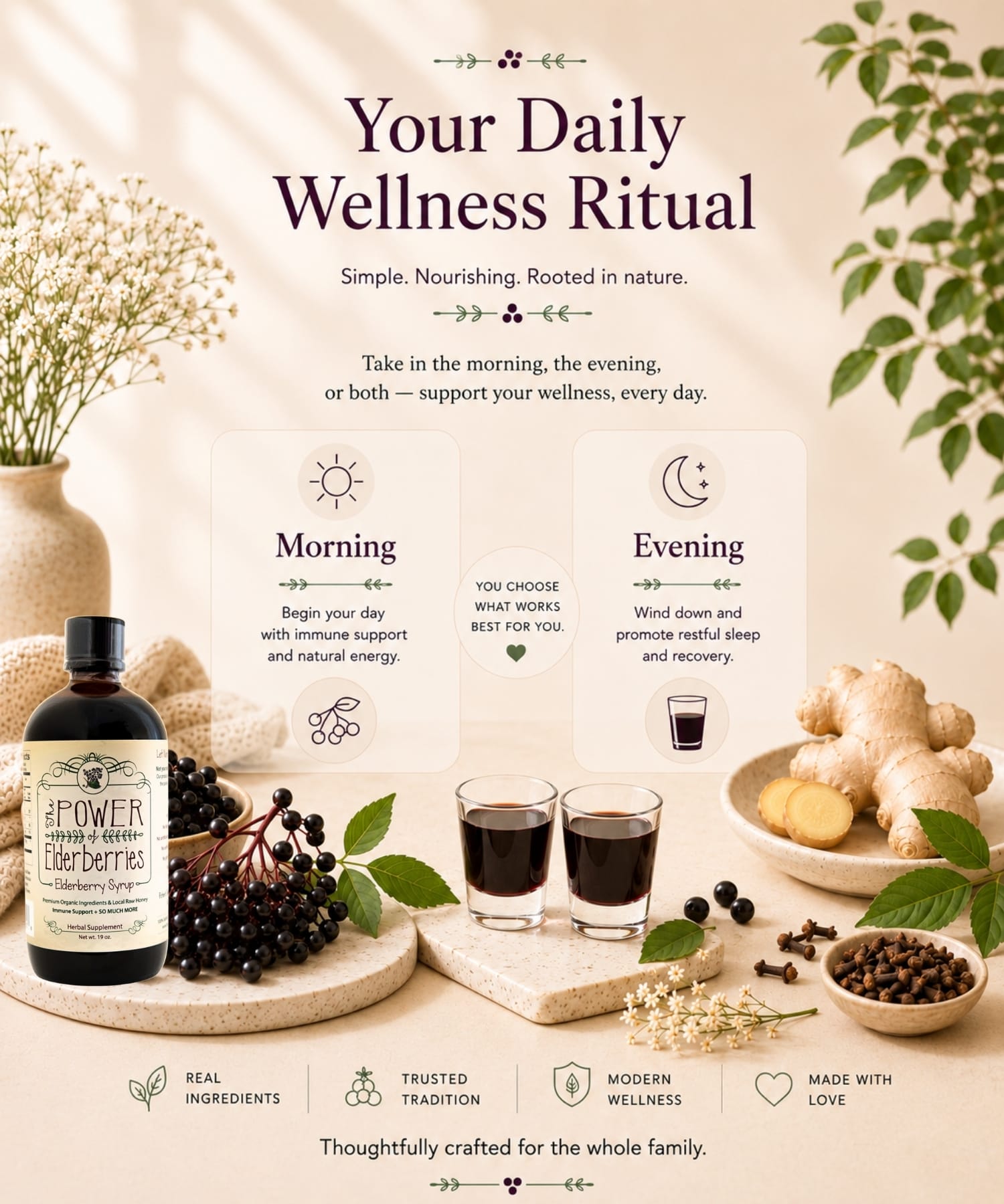 Daily wellness ritual graphic featuring two bottles of elderberry syrup for morning and evening routines made with organic elderberries and warming spices.