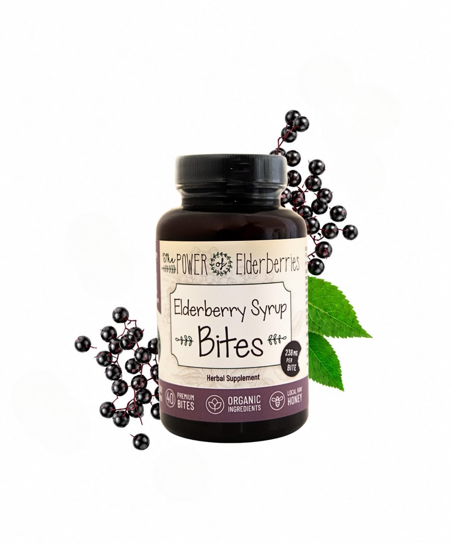 The POWER of Elderberries® Elderberry Syrup Bites 40 count bottle with organic elderberries and leaves on a white background.
