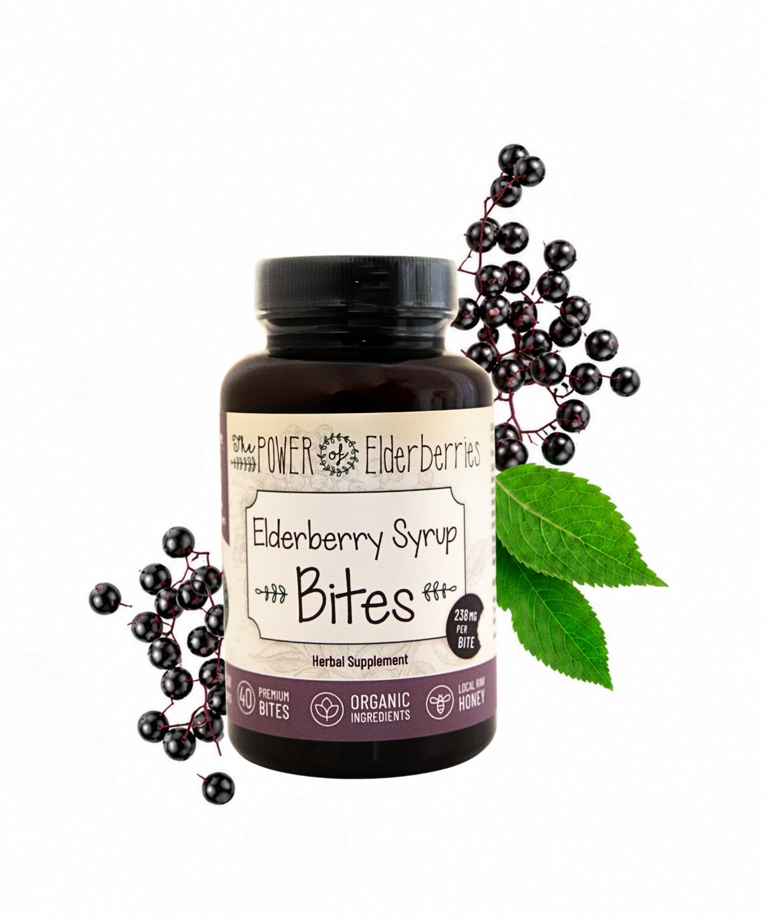 Elderberry Syrup Bites 40ct. hero image with black elderberries and leaves.