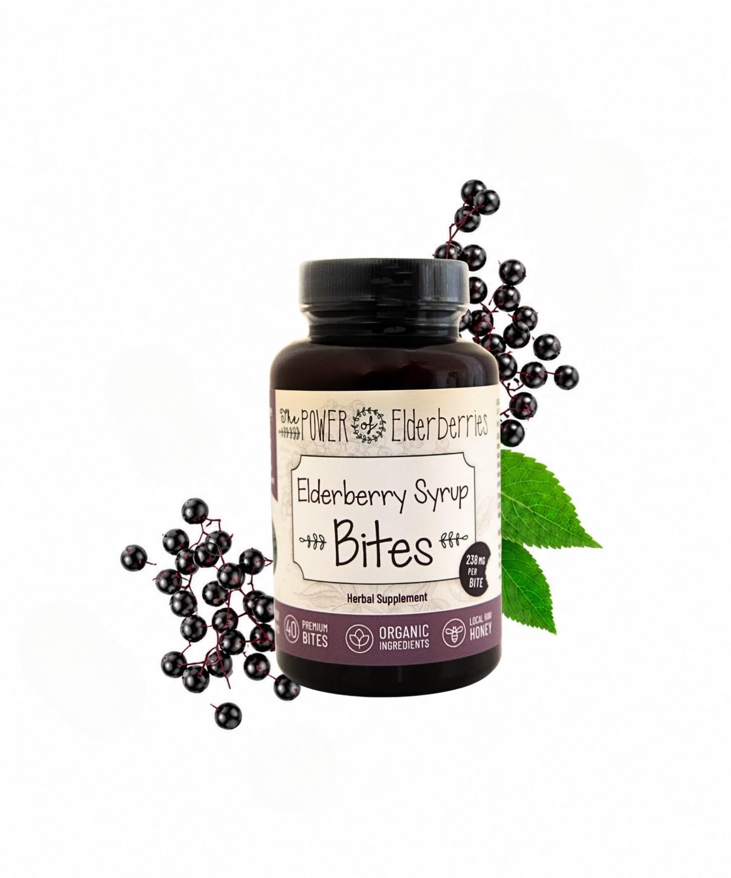 Elderberry Syrup Bites 40ct. hero image with black elderberries and leaves.