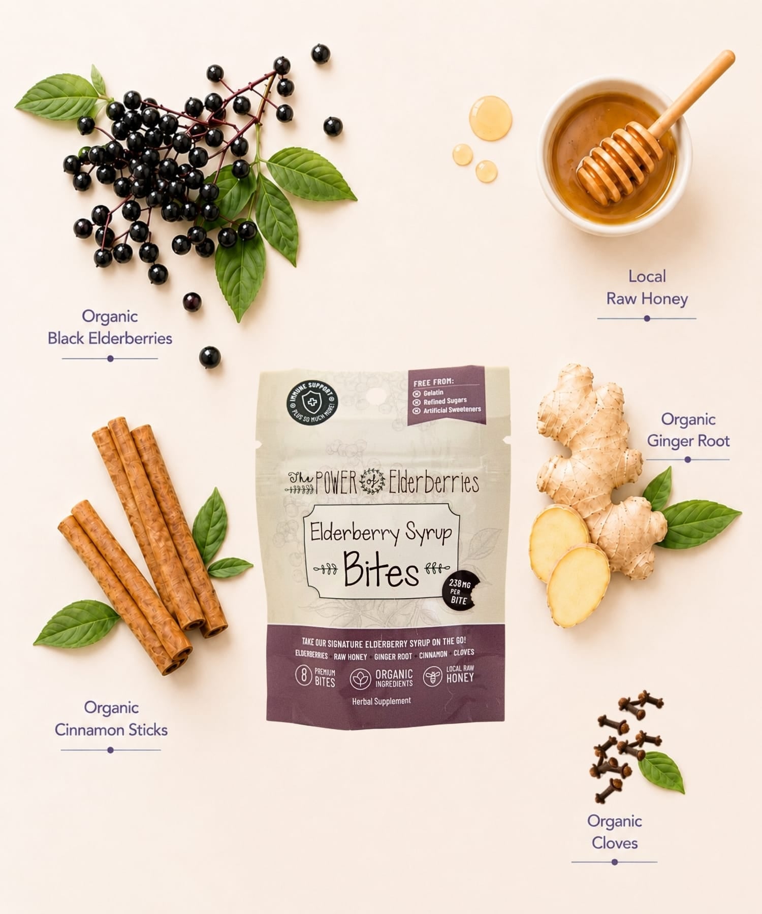 Elderberry syrup bites packaging with ingredients like black elderberries, raw honey, ginger root, cinnamon sticks, and cloves on a light background.