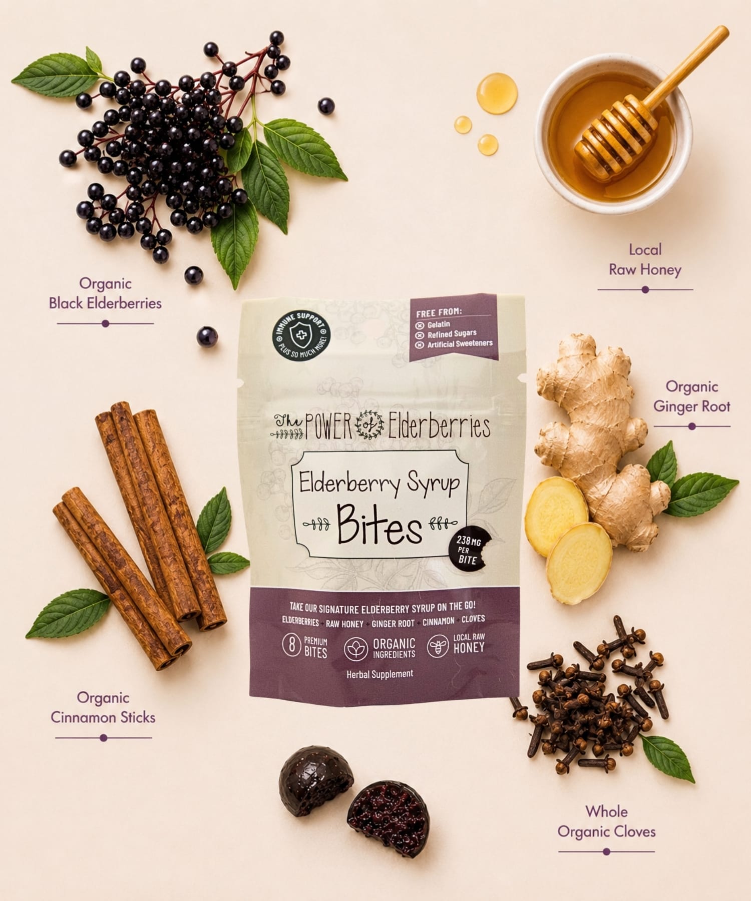 The POWER of Elderberries® Elderberry Syrup Bites 8 count bottle with organic elderberries and leaves on a white background.