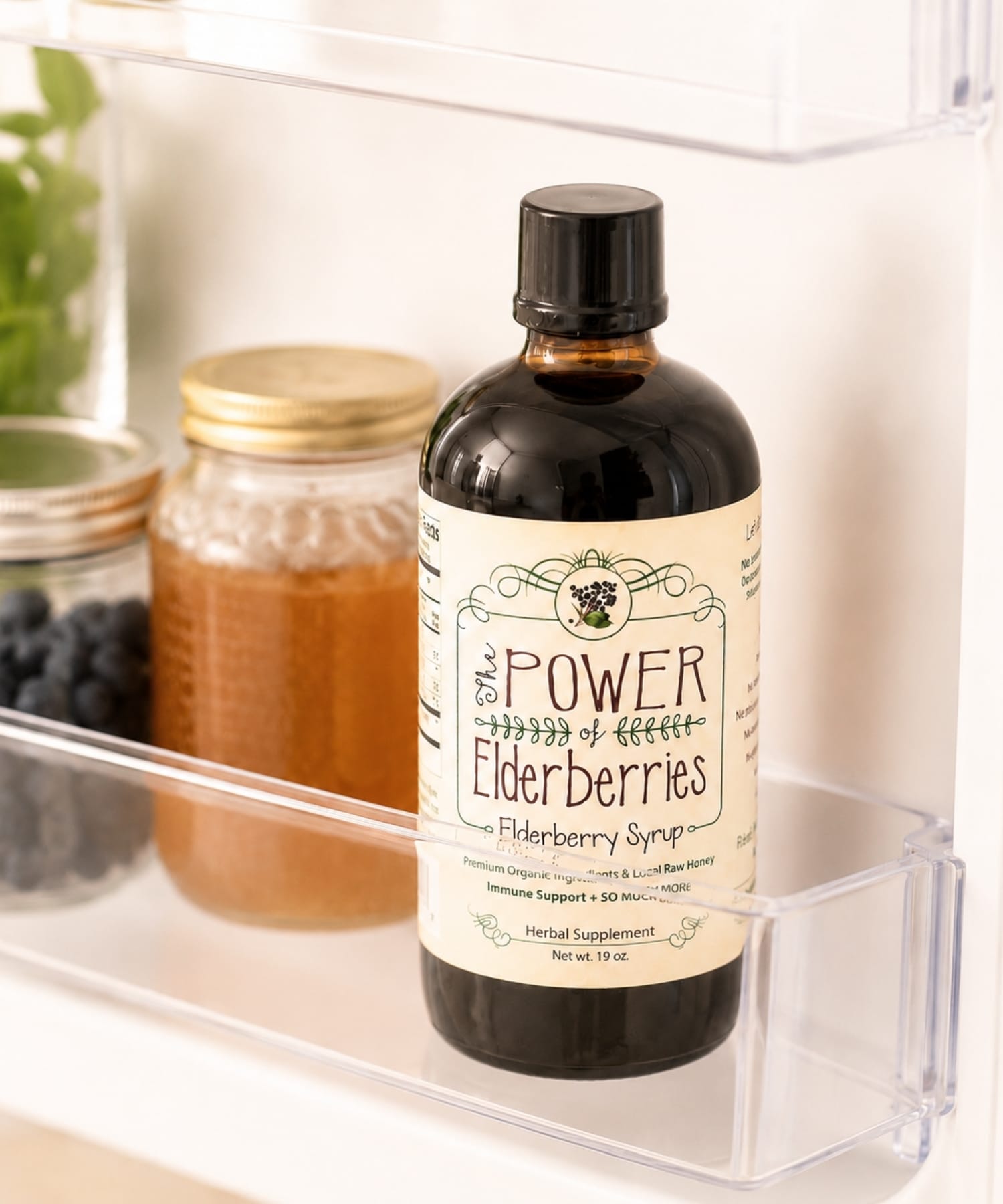 Fresh elderberry syrup stored refrigerated for freshness.