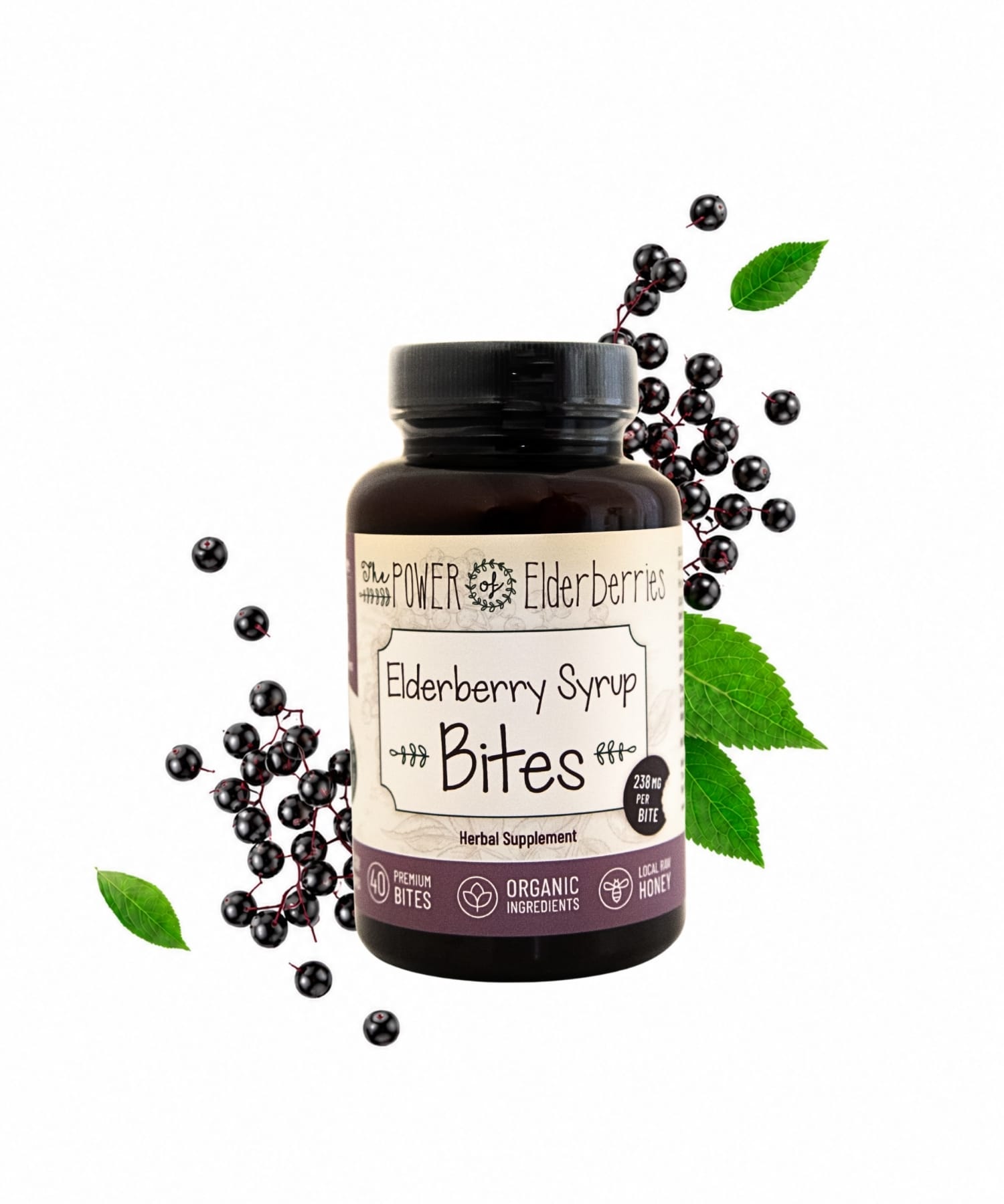 The POWER of Elderberries® Elderberry Syrup Bites 40 count bottle with organic elderberries and leaves on a white background.