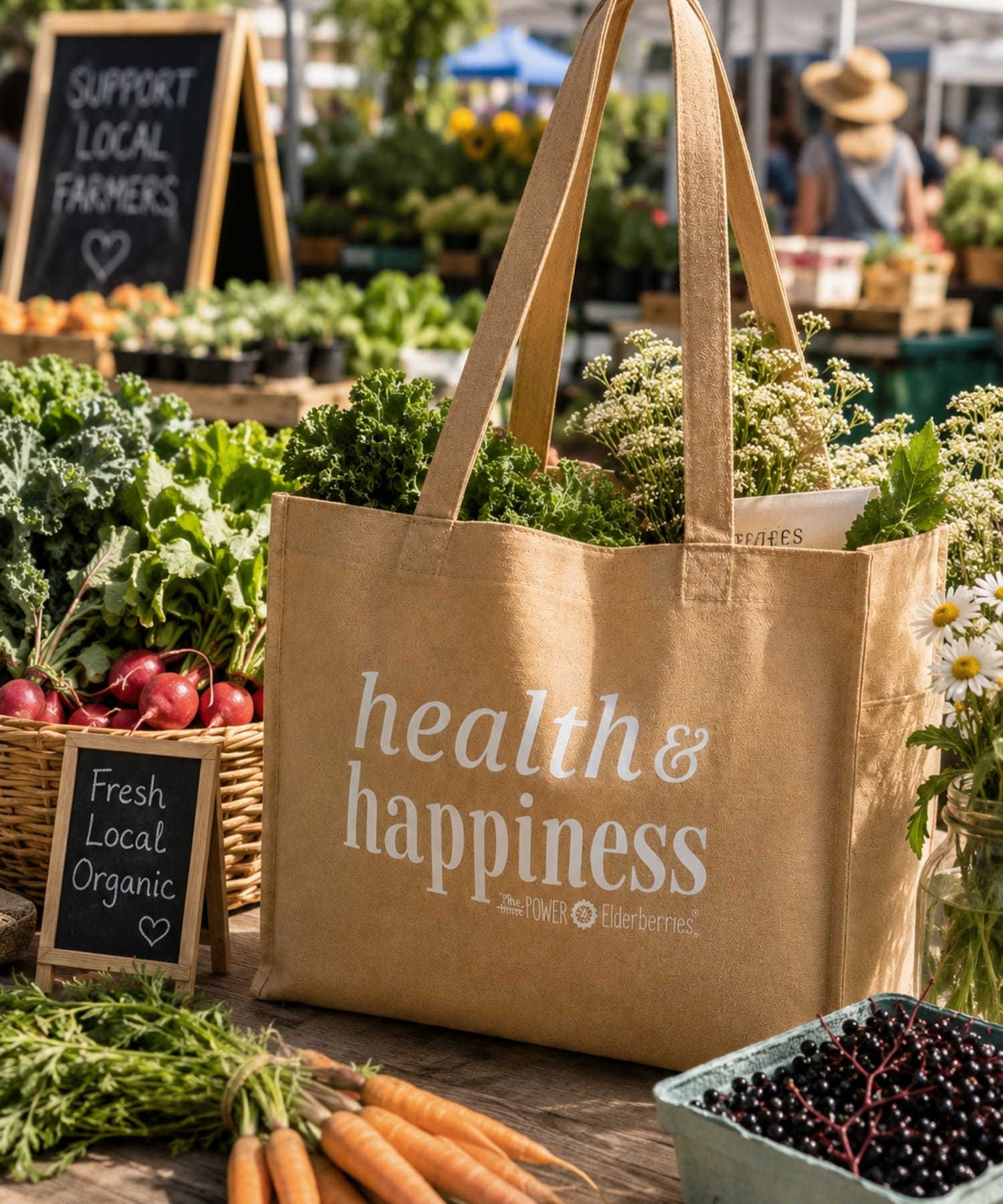 Health and Happiness tote bag styled at farmers market.