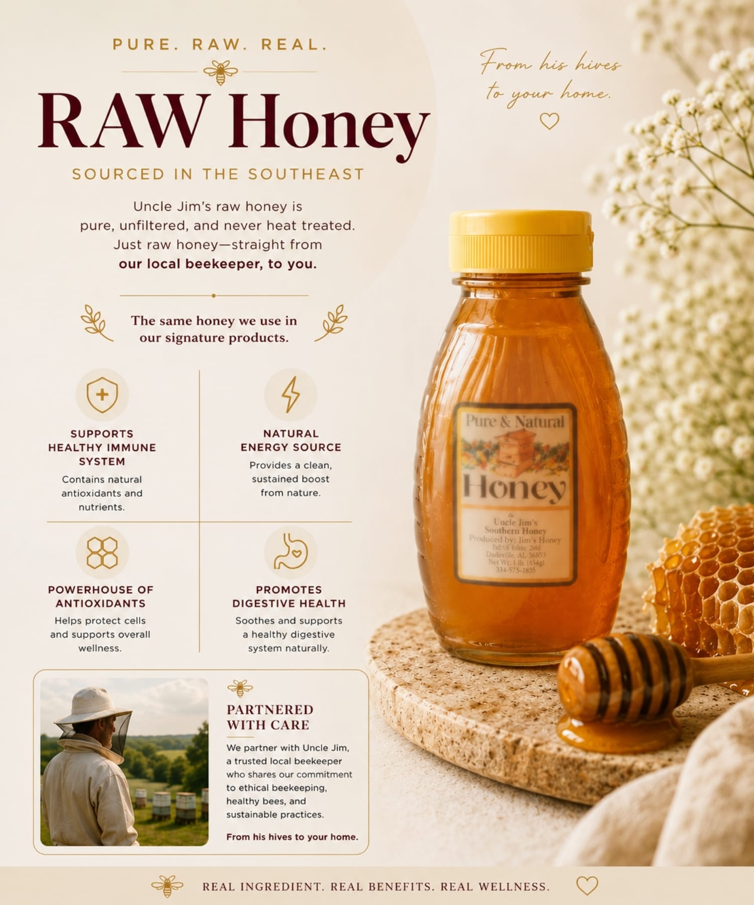 Locally sourced raw honey from a South Carolina beekeeper featured beside honeycomb and raw honey.