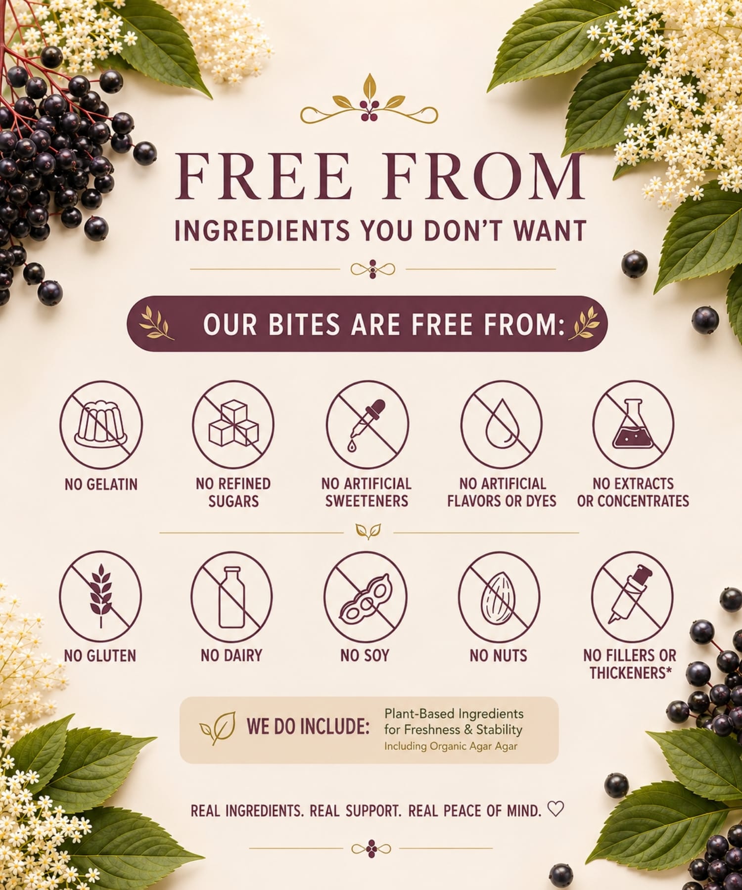 Elderberry syrup bites are free from refined sugar, artificial sweeteners, fillers, thickeners, dyes, flavoring and animal gelatin. Taste the difference.