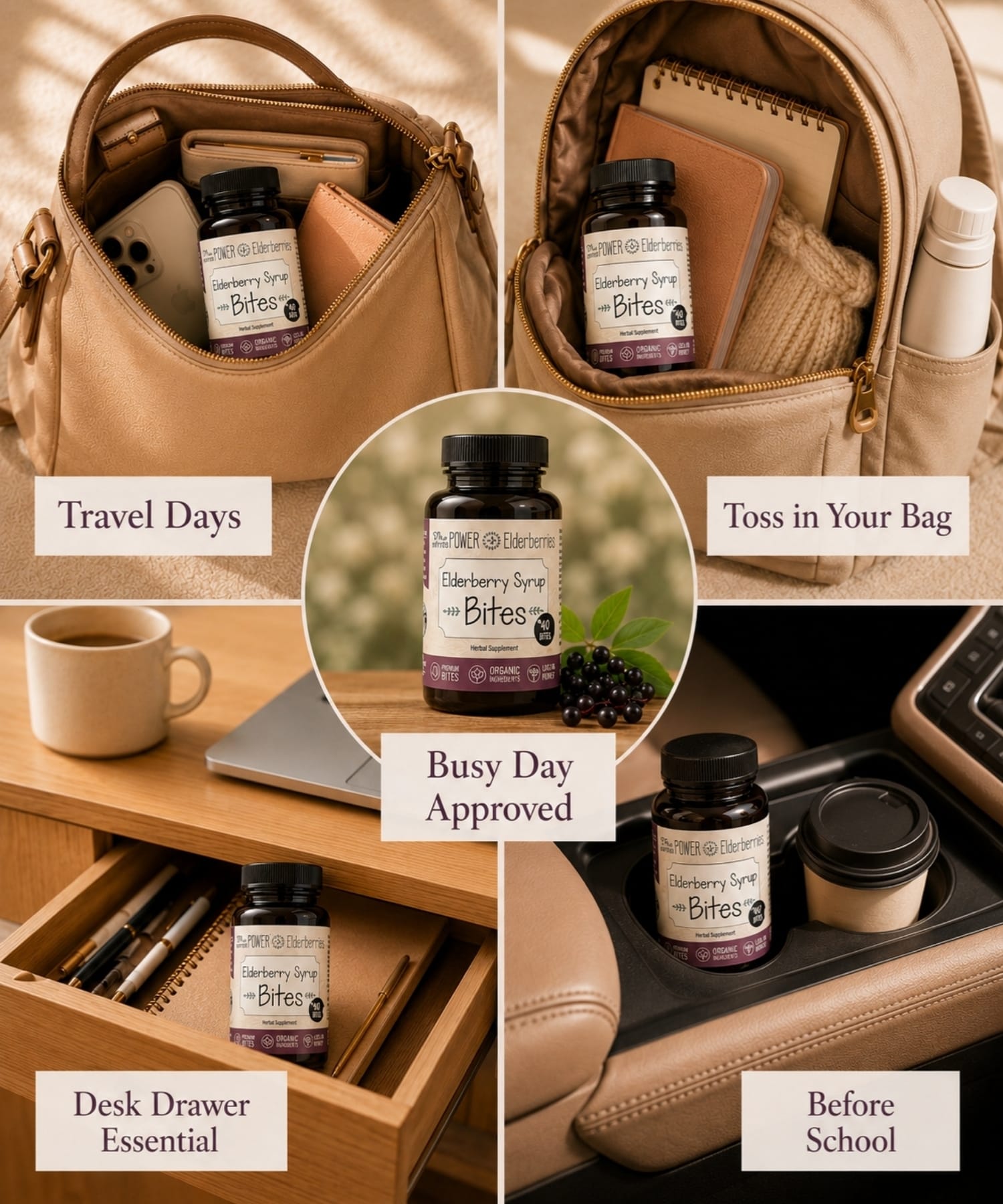 Take elderberry syrup bites on-the-go for busy days; travel bag purse, work desk drawer, before school and more.