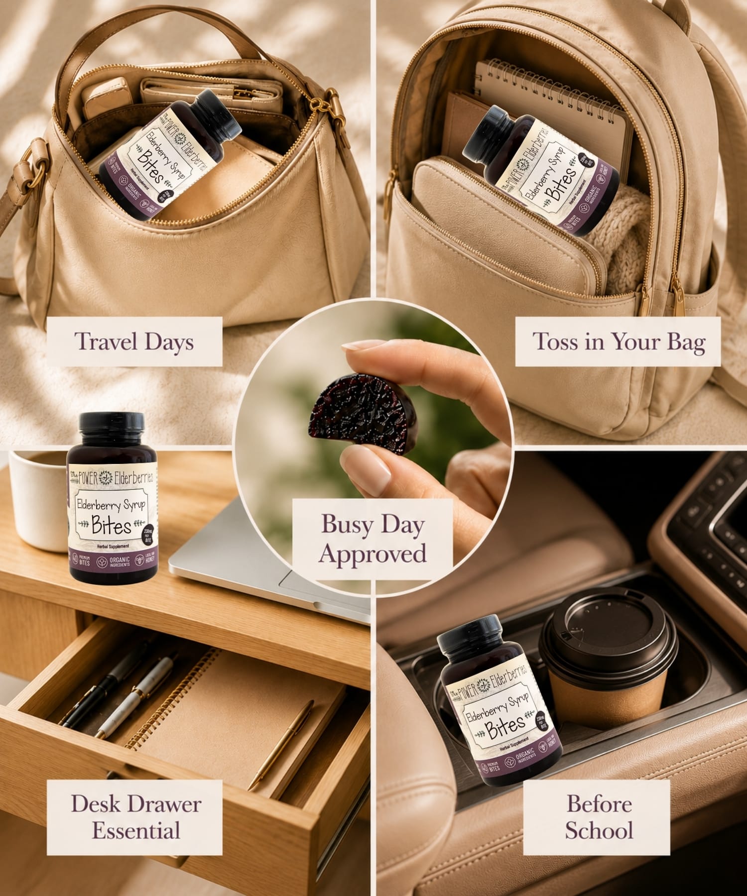 Travel and daily routine collage featuring The POWER of Elderberries® Elderberry Syrup Bites designed for wellness support anywhere life takes you.