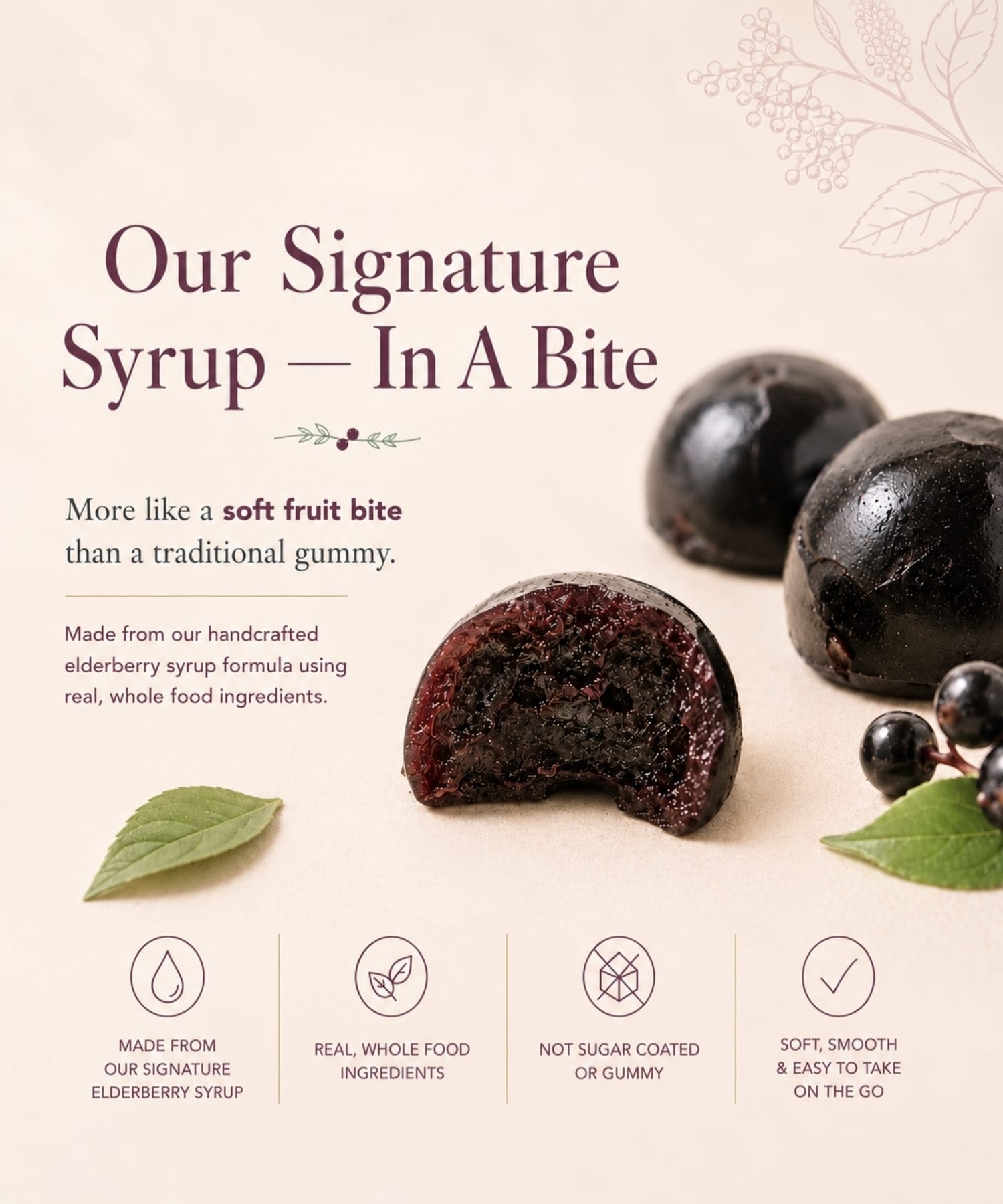 Our signature elderberry syrup in a bite form for on the go support.