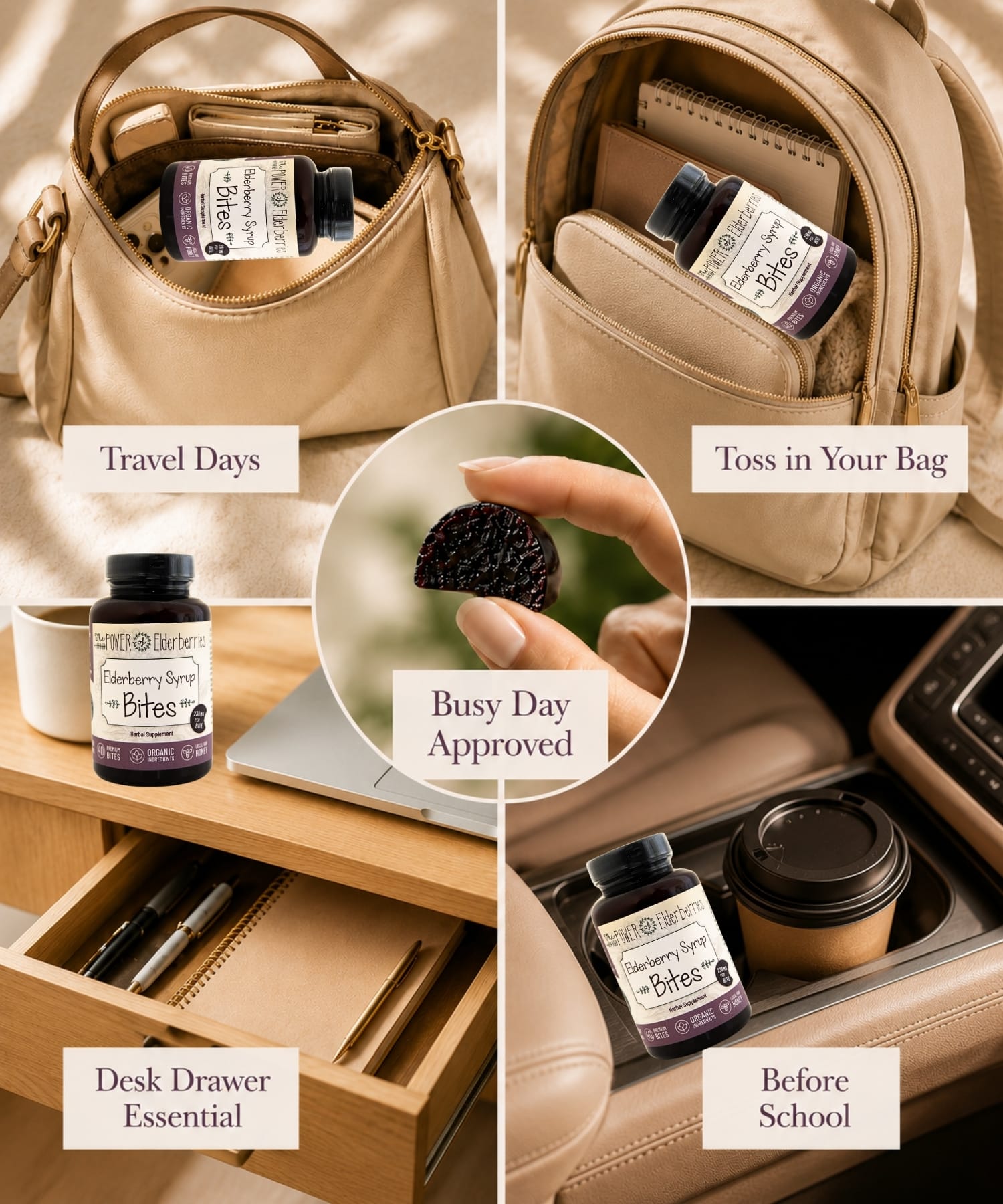 Cozy wellness lifestyle graphic showing daily elderberry support routines for immune wellness, respiratory support, joint mobility, sinus support, energy and restful sleep.