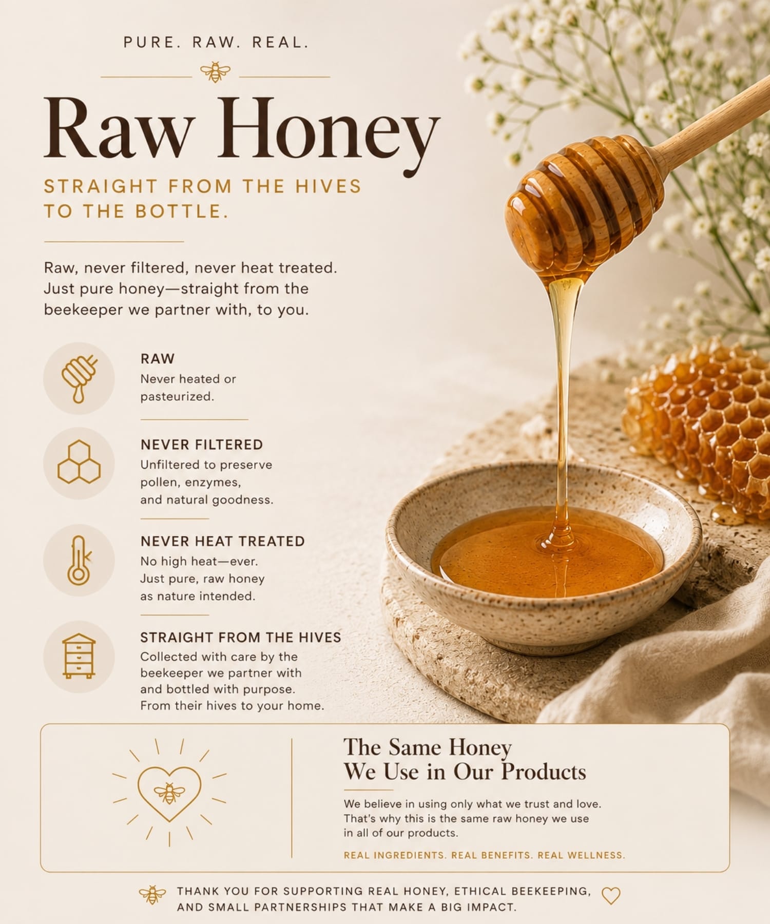Educational graphic explaining the benefits of raw unfiltered local honey