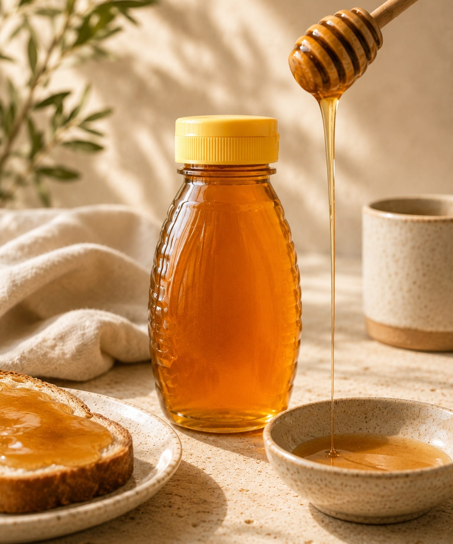Raw local honey drizzling beside an 8oz squeeze bottle of Uncle Jim’s Local Raw Honey