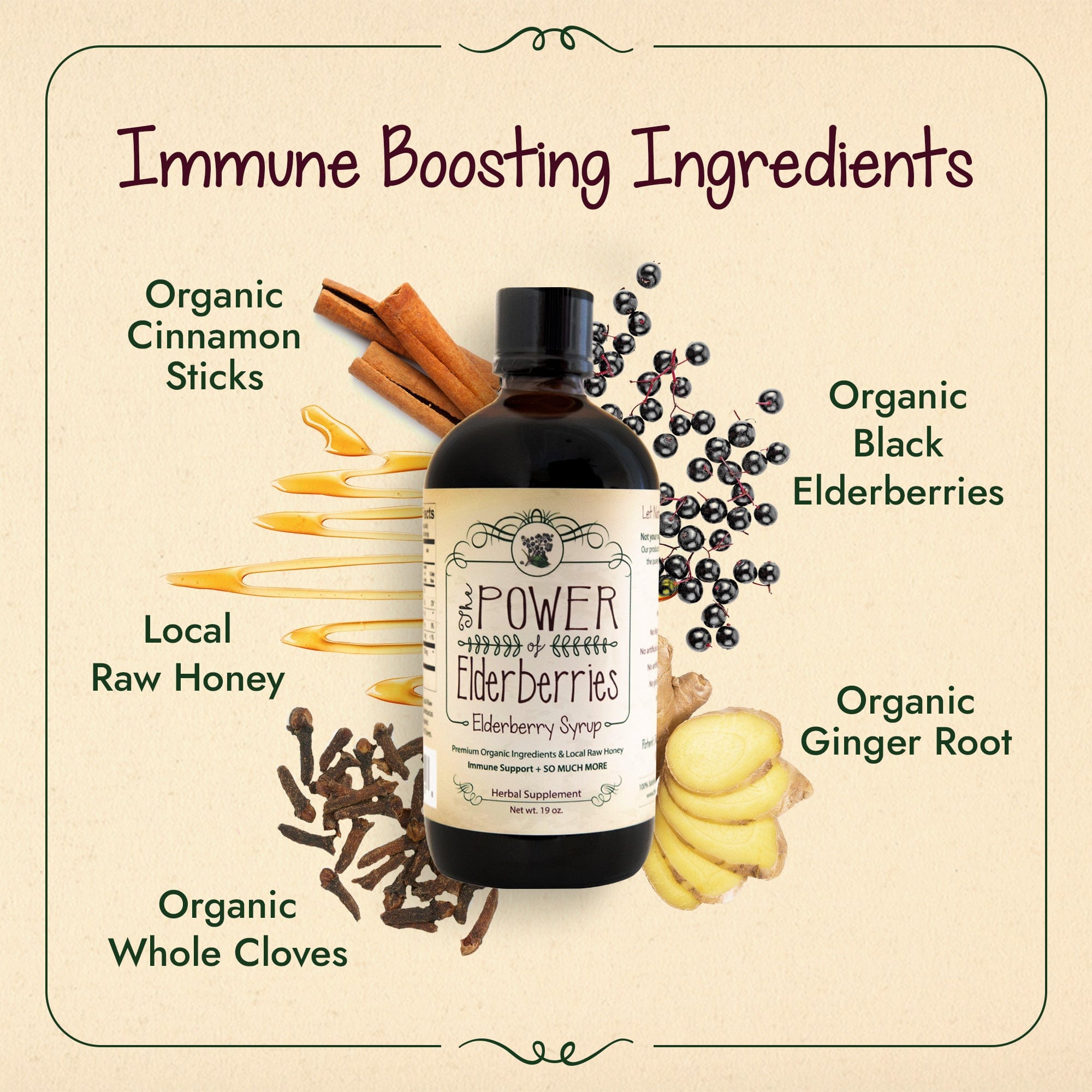 Signature Elderberry Syrup with natural immune boosting ingredients – elderberries, raw honey, ginger, cloves, cinnamon