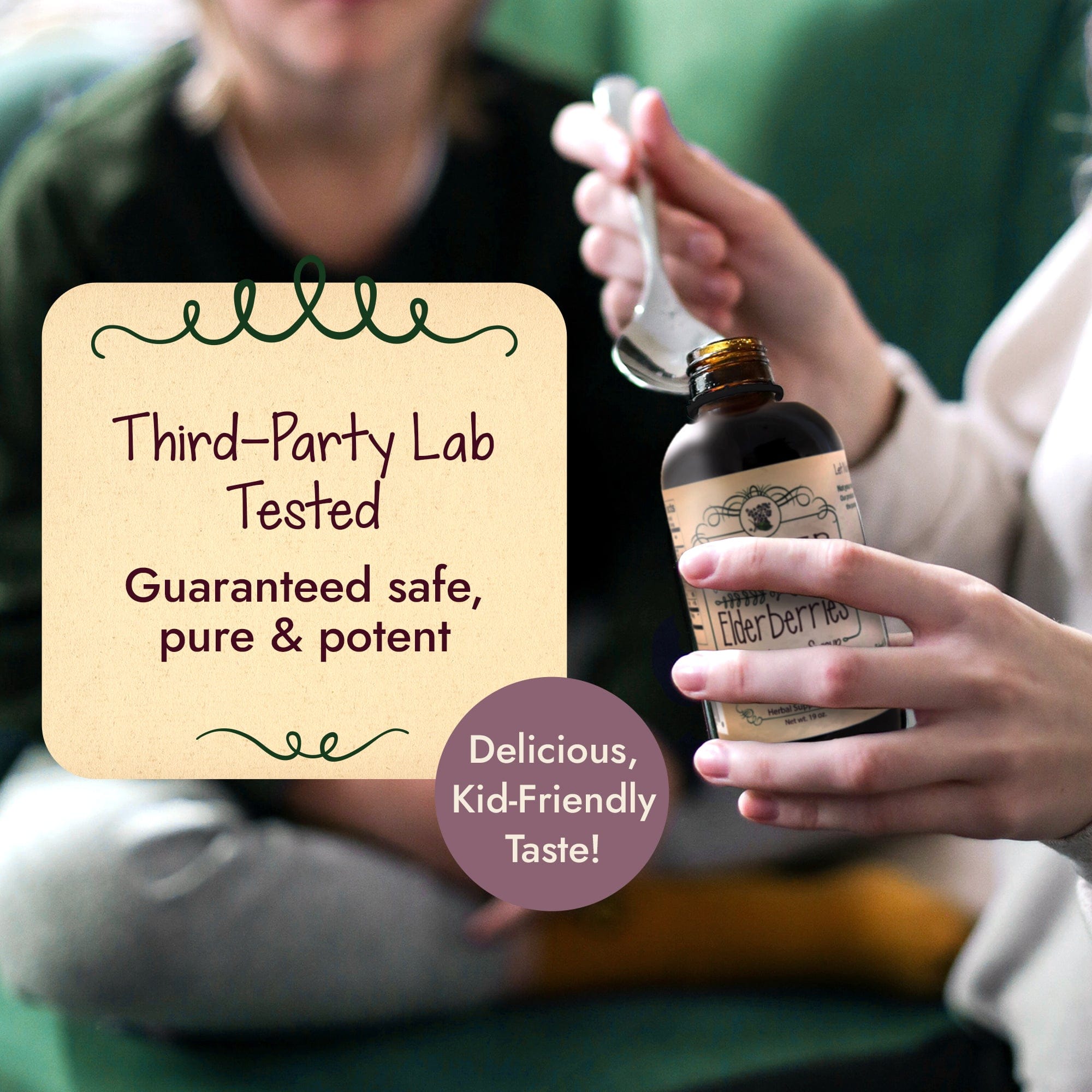 Woman holding Signature Elderberry Syrup 19oz – third-party lab tested safe, pure, and potent