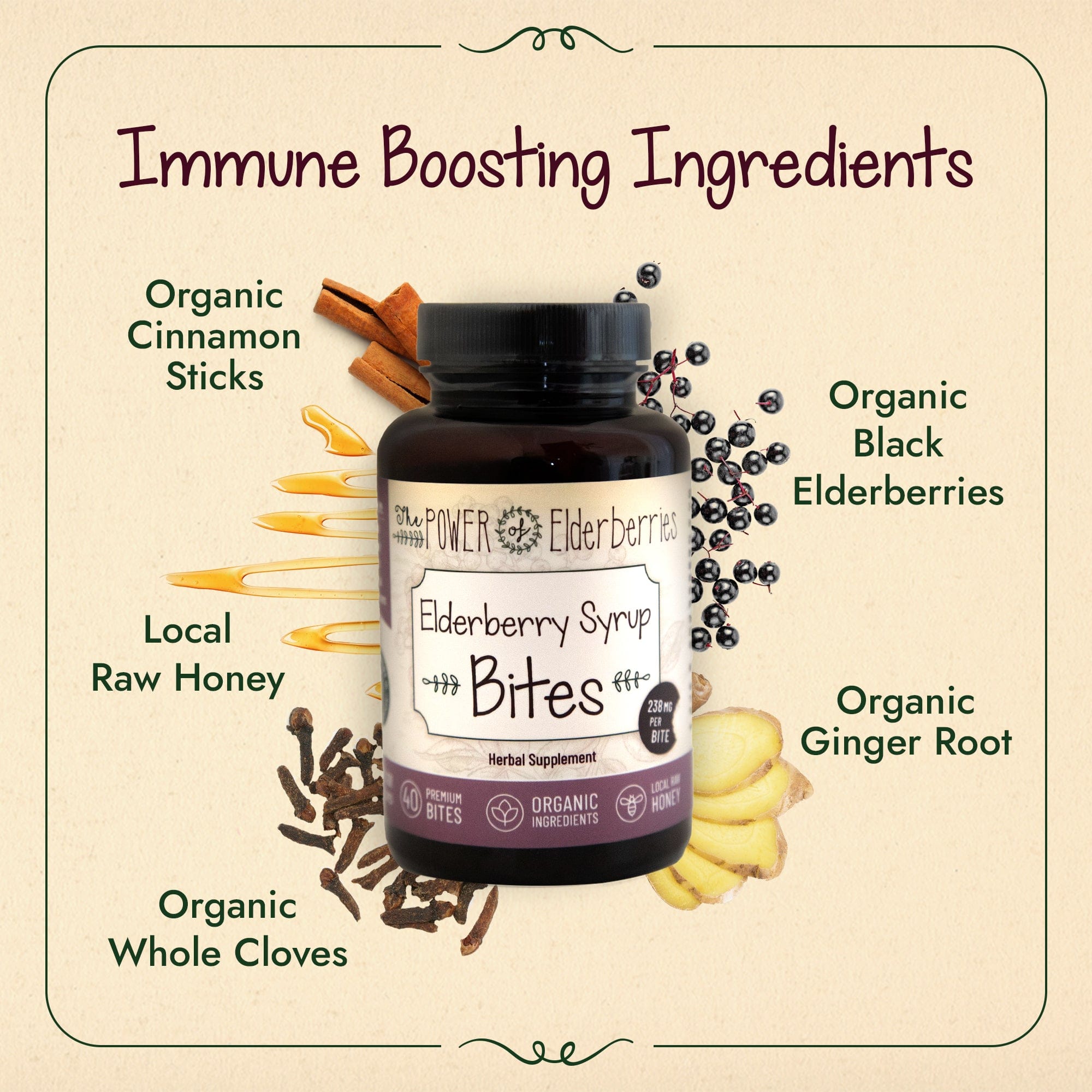 The POWER of Elderberries 40ct bottle with the core ingredients shown- organic black elderberries, local raw honey, organic ginger root, organic cinnamon sticks and organic whole cloves.