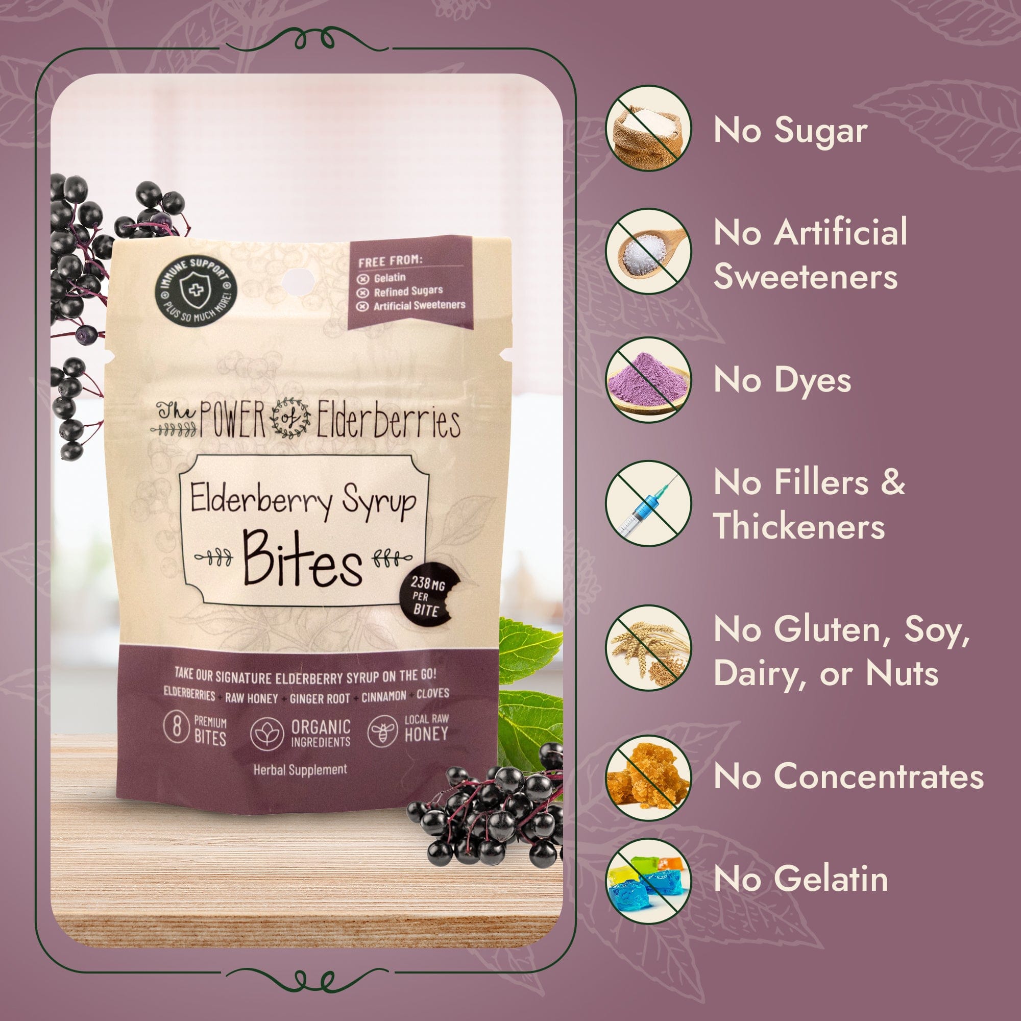 The POWER of Elderberries 8ct elderberry syrup bites and what ingredients they are free from.