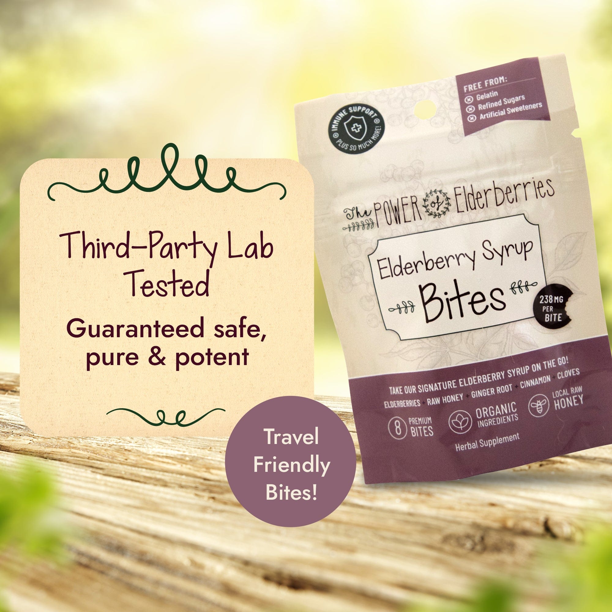 Elderberry Syrup Bites 8ct. Travel Pouch– third-party lab tested safe, pure, and potent