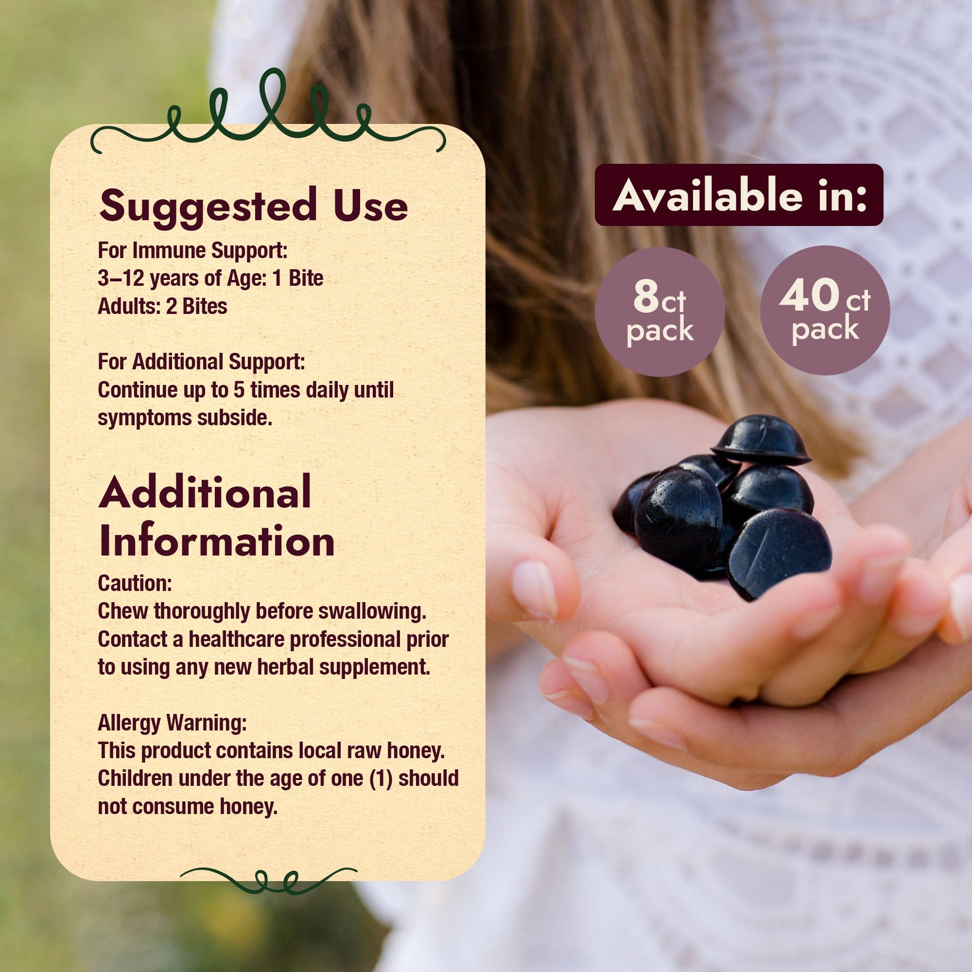 A picture of a girl holding the power of elderberries signature elderberry syrup bites in her hands with the suggested use beside the product.
