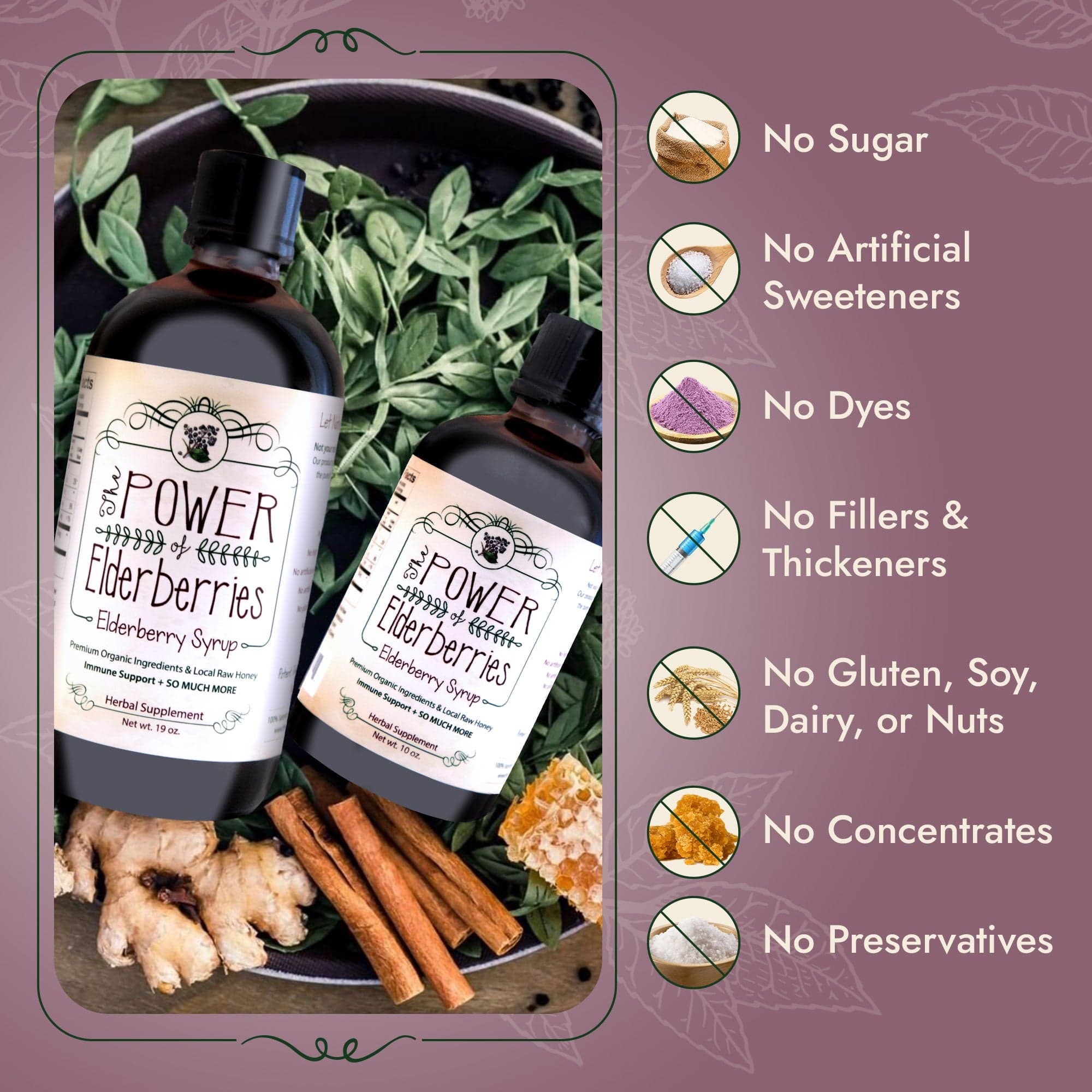 Signature Elderberry Syrup ingredients and free from list – no sugar, no fillers, no preservatives