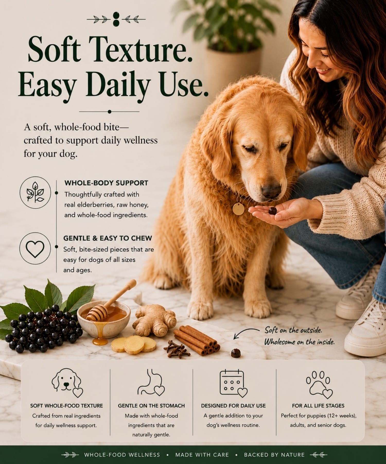 Woman offering dog a soft whole-food elderberry syrup bite to support whole-body wellness.