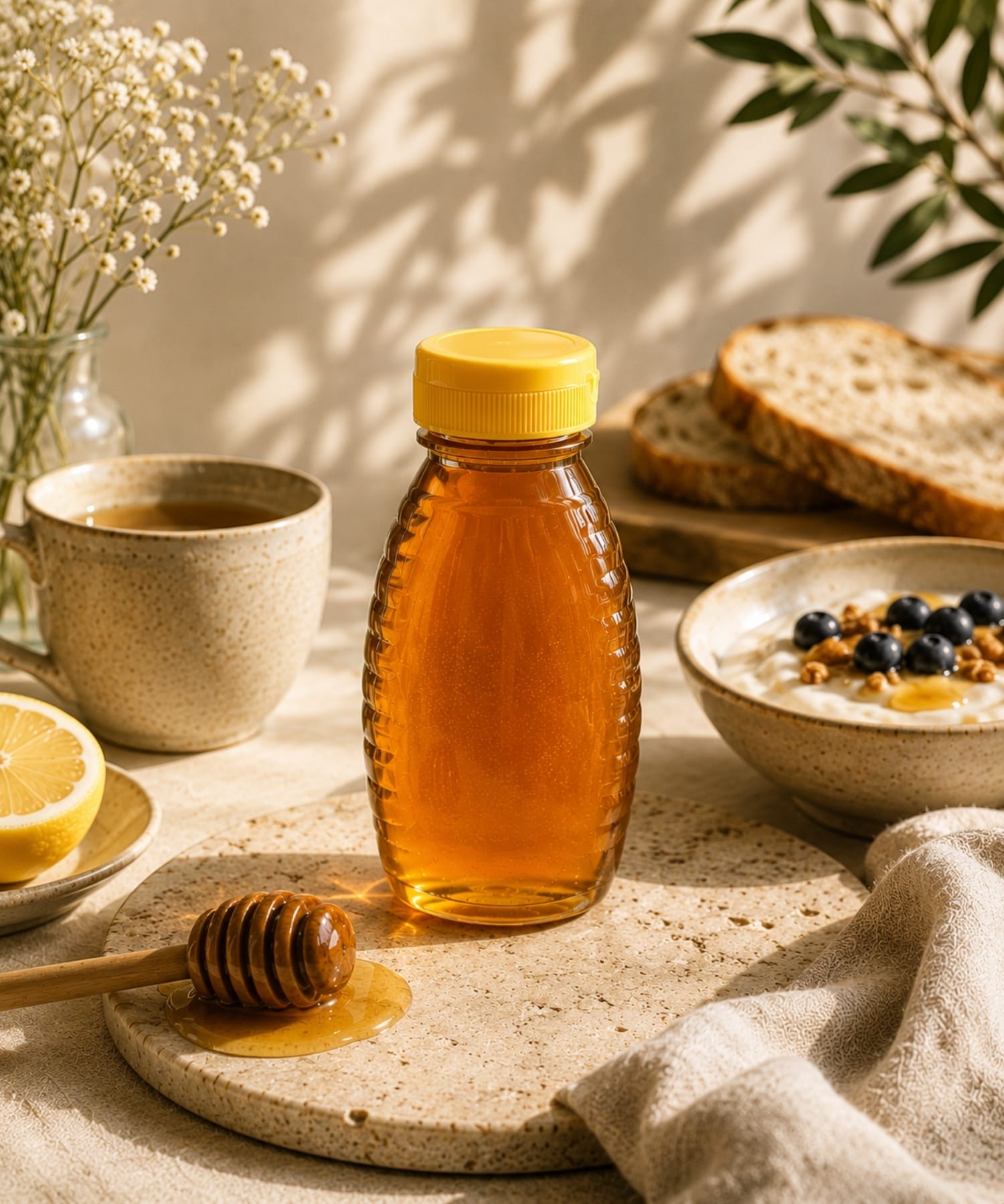 Uncle Jim’s Local Raw Honey 8oz squeeze bottle styled in a warm luxury wellness kitchen setting.