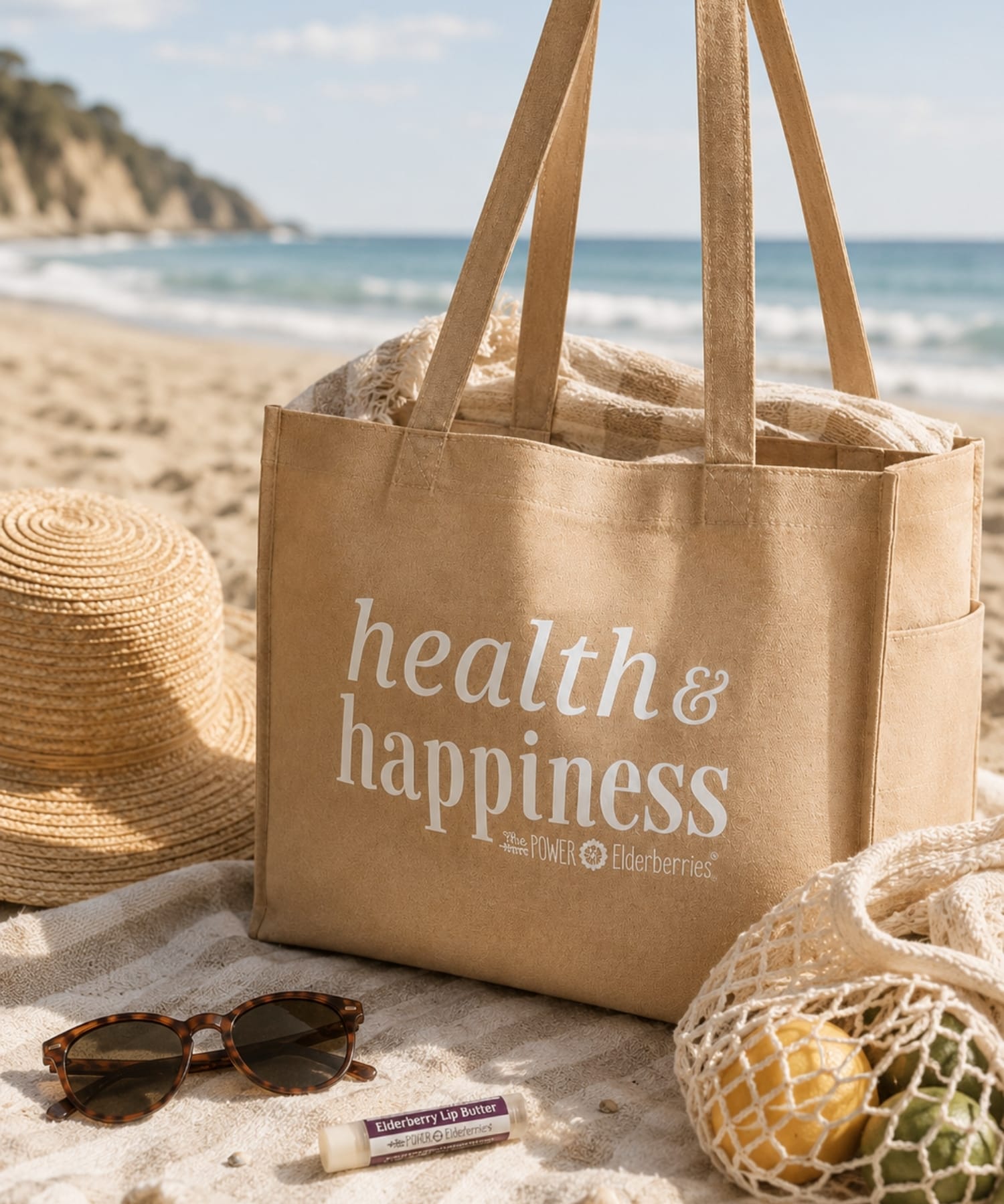 Health and Happiness tote bag styled for beach and wellness lifestyle