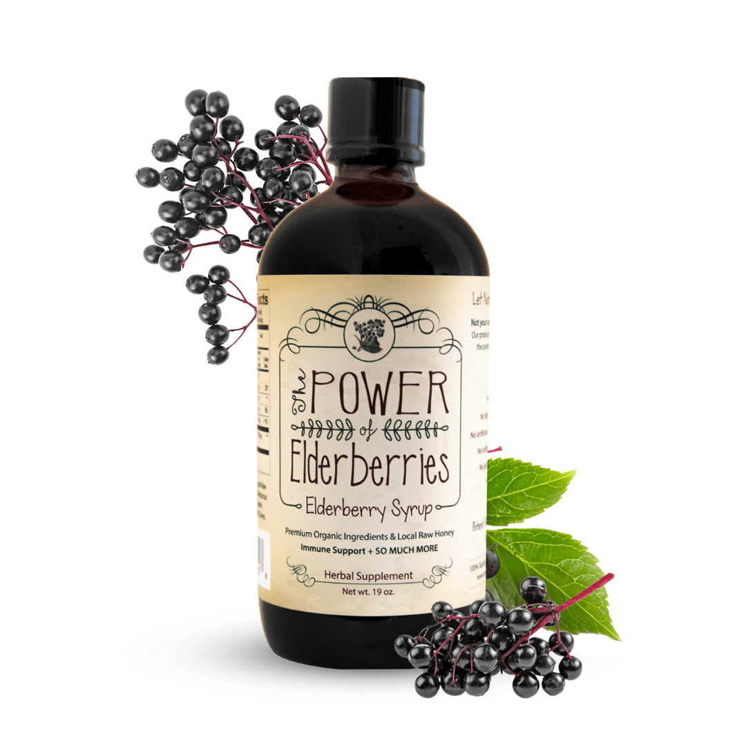 A bottle of Signature Elderberry Syrup with a label that includes the brand name and the ingredients such as elderberries, honey, ginger root, cinnamon stick, and whole cloves. There are also small clusters of elderberries displayed next to the bottle.