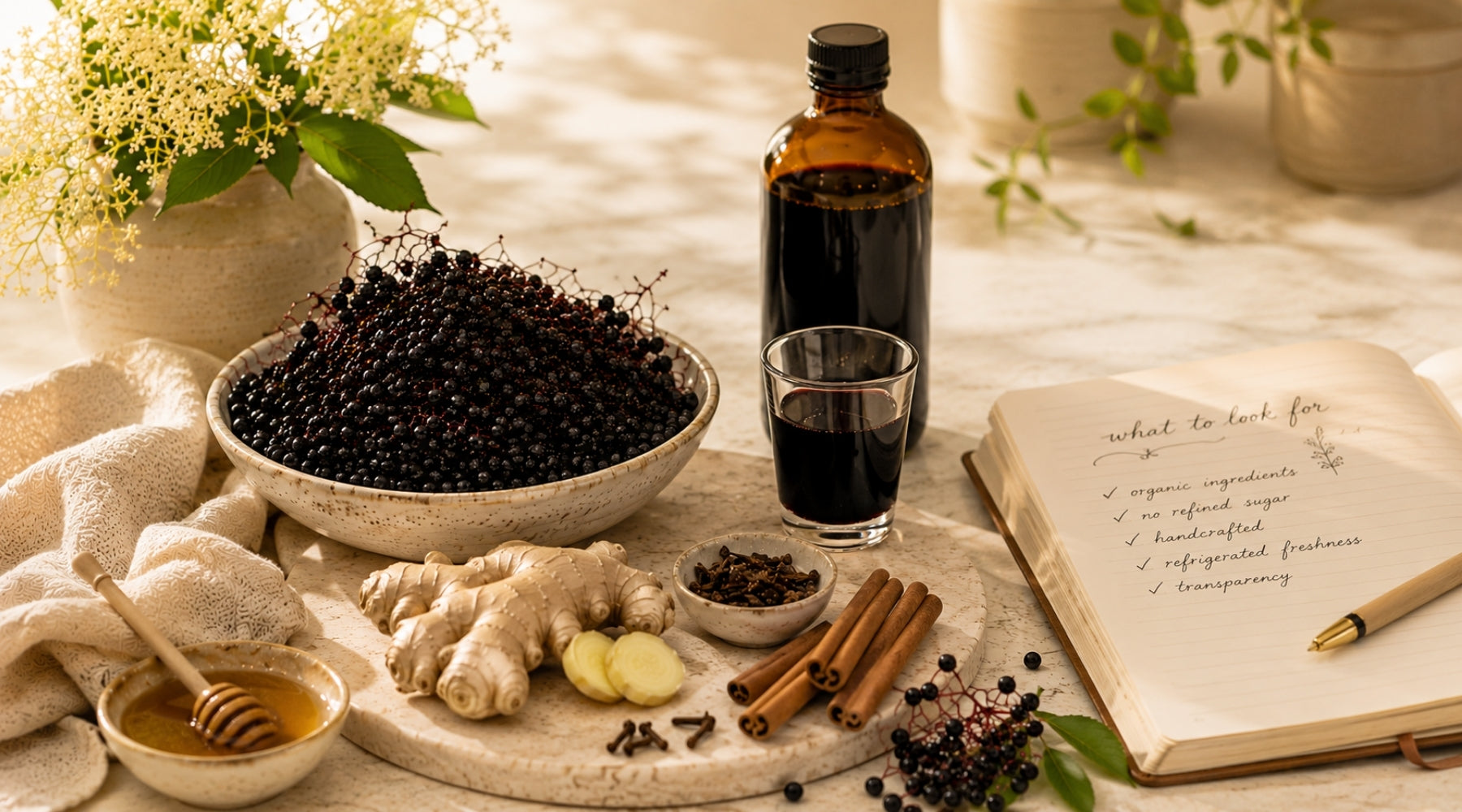 Organic elderberries, whole spices and raw honey paired with a notebook to better understand what to look for when choosing the best elderberry syrup.