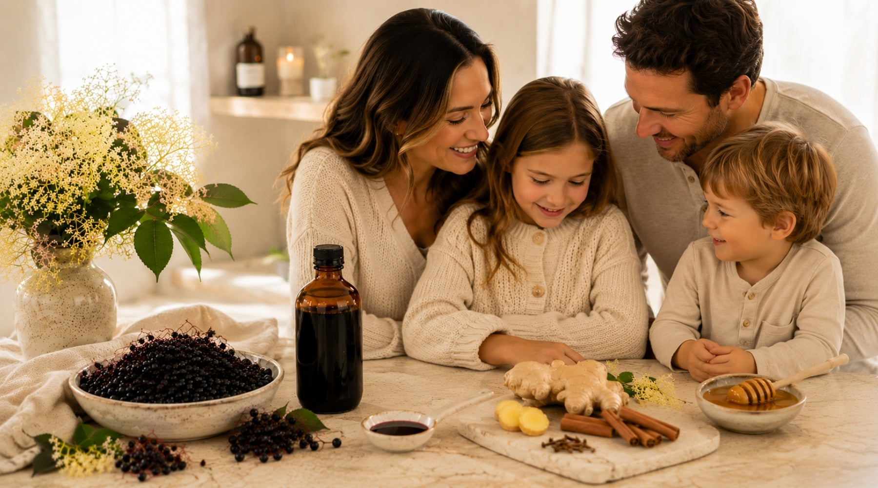 Elderberries, whole spices and raw honey on countertop with family.