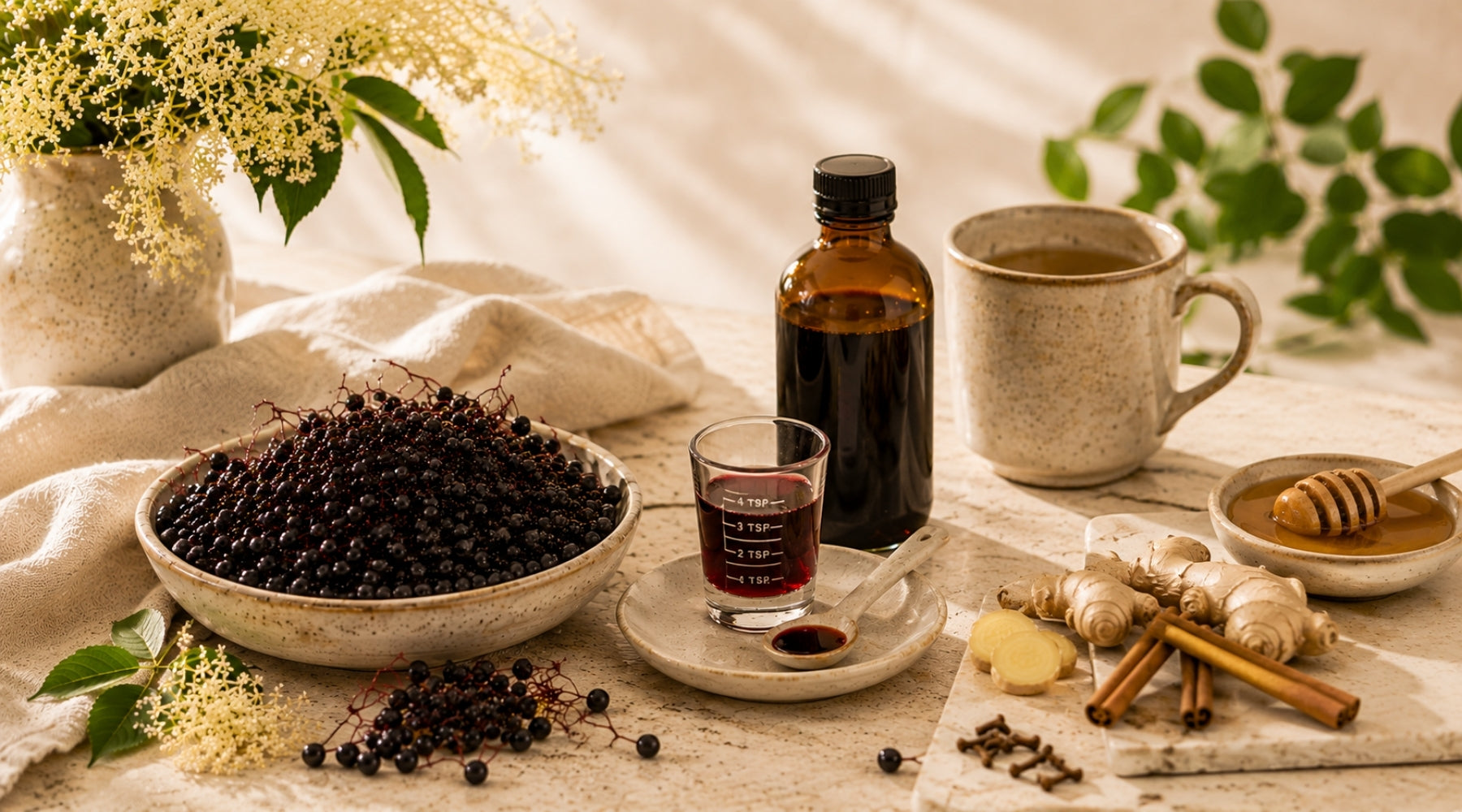 Black elderberries with whole spices and raw honey to support those looking for cold and flu relief.