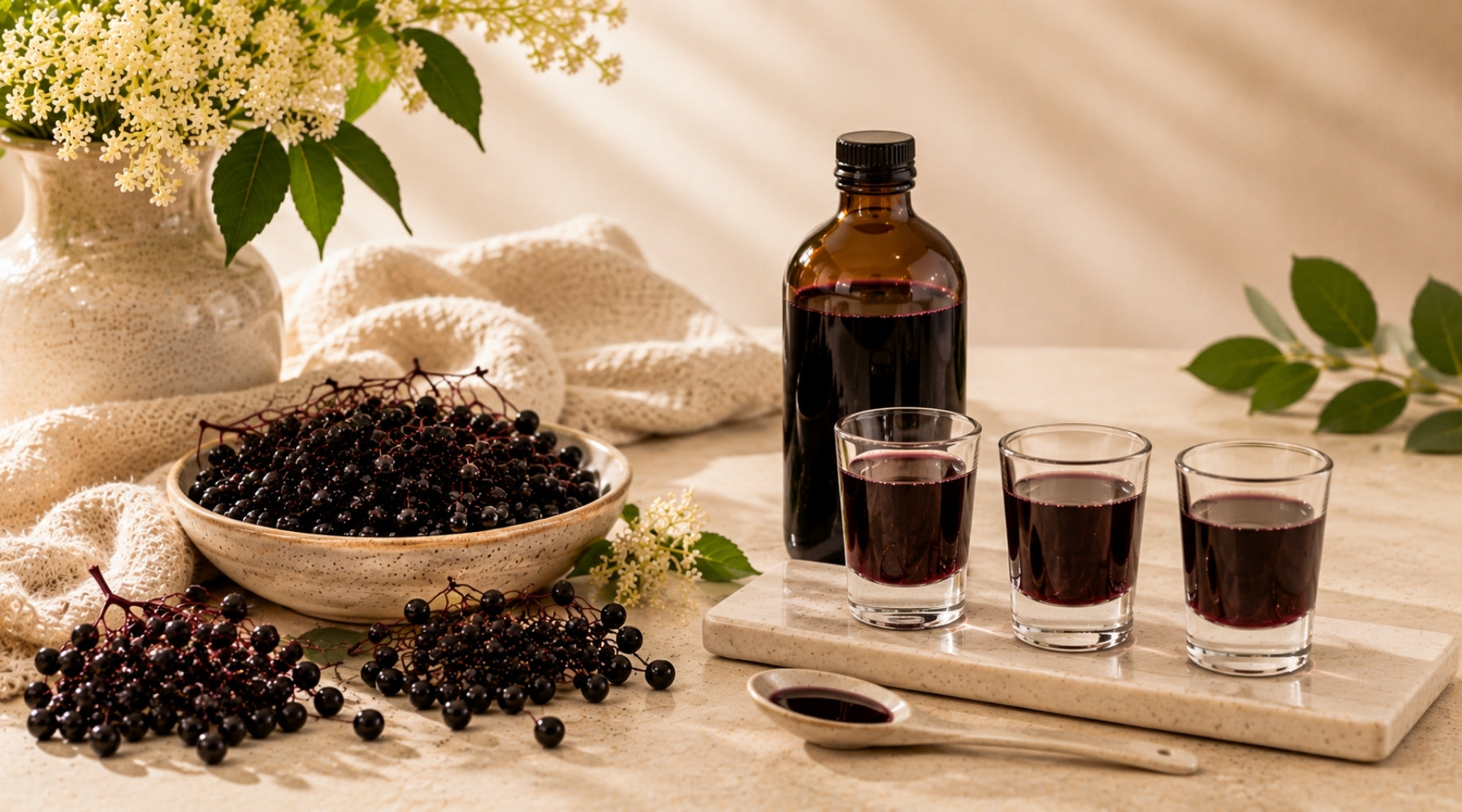 Several doses of elderberry syrup displayed to represent how much to take for daily wellness vs. extra support.