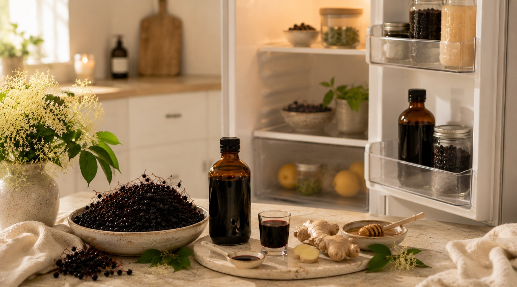 Handcrafted elderberry syrup displayed in refrigerator for freshness.