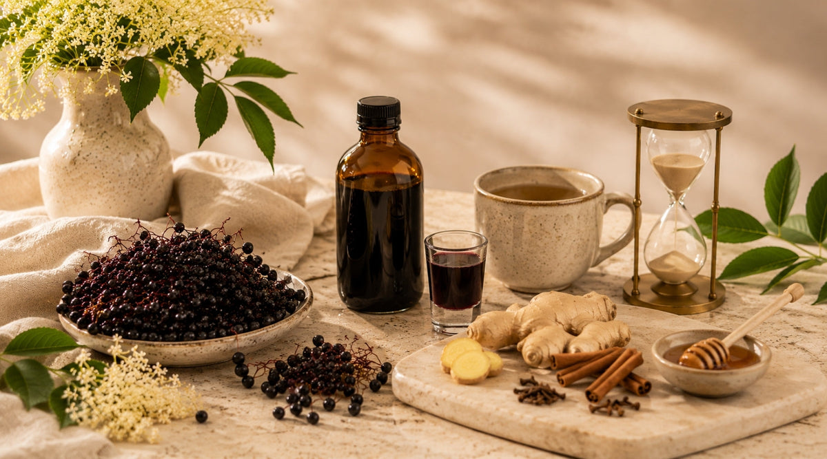 A bottle of elderberry syrup displayed with ginger root, cinnamon sticks, raw honey, and whole cloves and timer to represent how long it takes for elderberry to work.