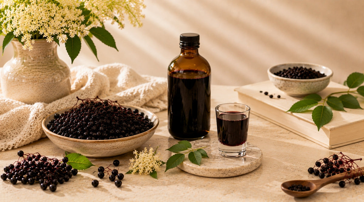 Elderberries displayed with elderberry syrup for a closer look at what elderberries do, their benefits, and how they support the immune system.
