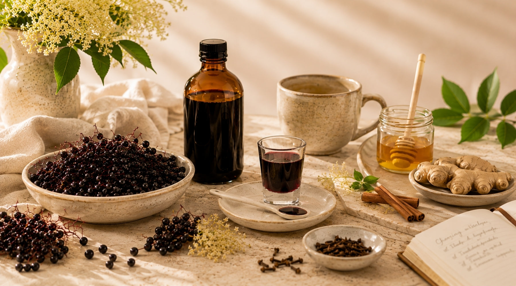 Elderberry syrup displayed to support elderberry benefits and what it's good for.