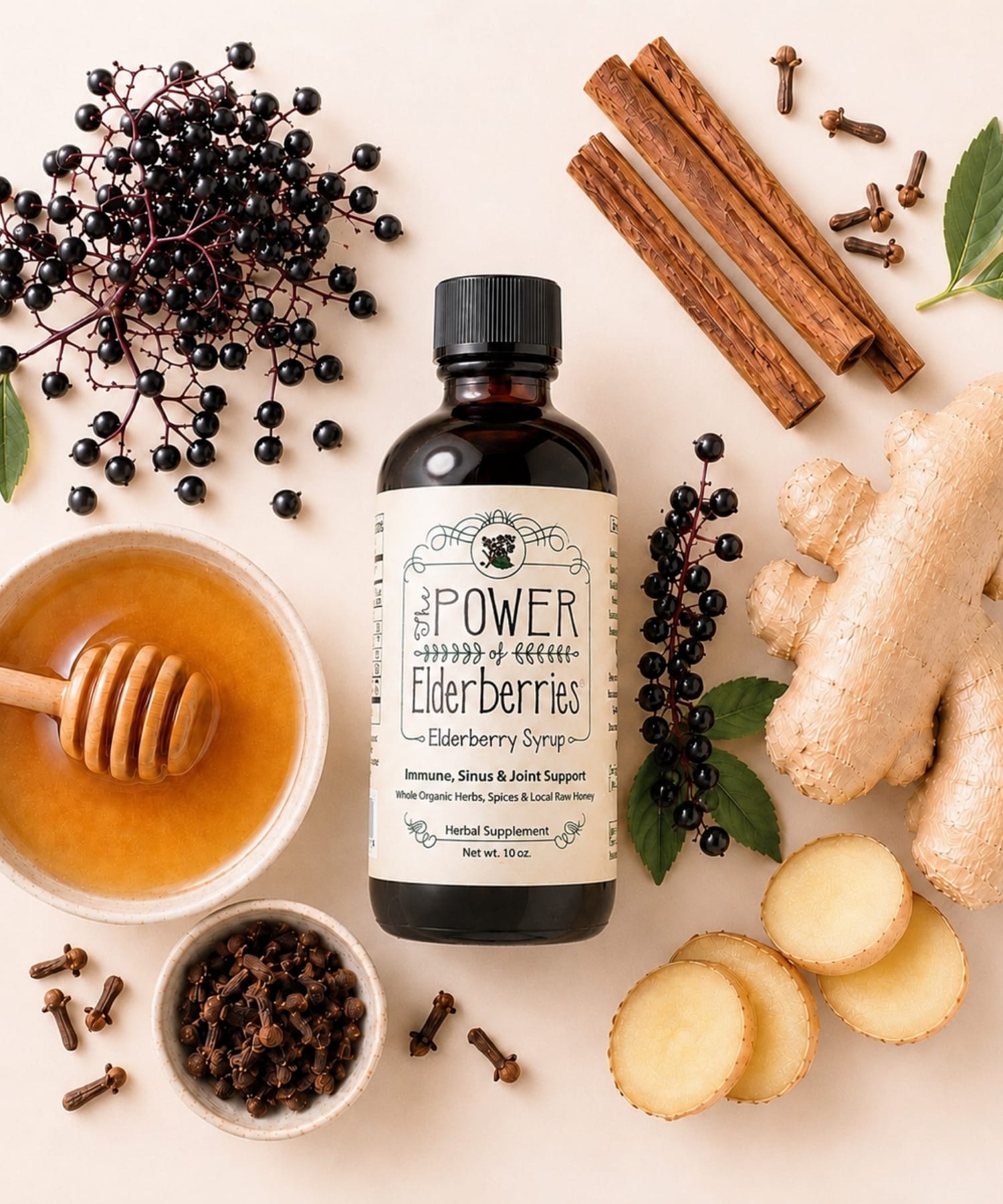 10oz elderberry syrup with organic elderberries, ginger root, cinnamon sticks, and local raw honey.