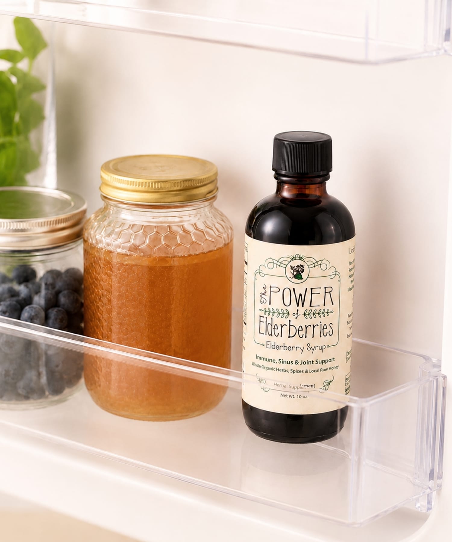 10oz elderberry syrup stored refrigerated with local raw honey and fresh organic ingredients.