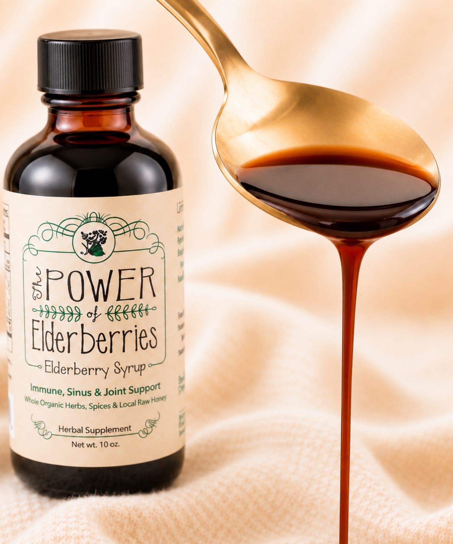 10oz elderberry syrup with spoon pouring handcrafted elderberry syrup.