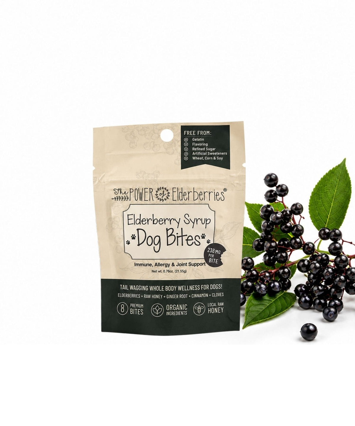 8ct. Elderberry Syrup Dog Bites package displayed with black elderberry.
