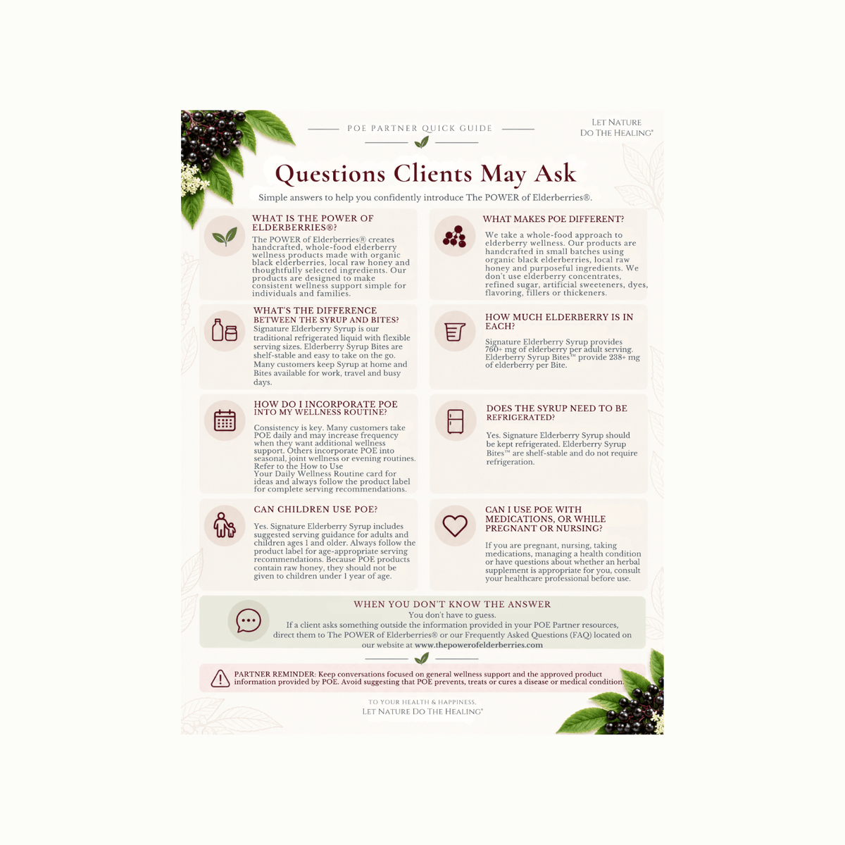 A printed informational poster titled "Questions Clients May Ask" about FQ Partner Quick Guide and Paternoster Elderberry, featuring multiple text panels, icons, and decorative botanical corner details on a white background.