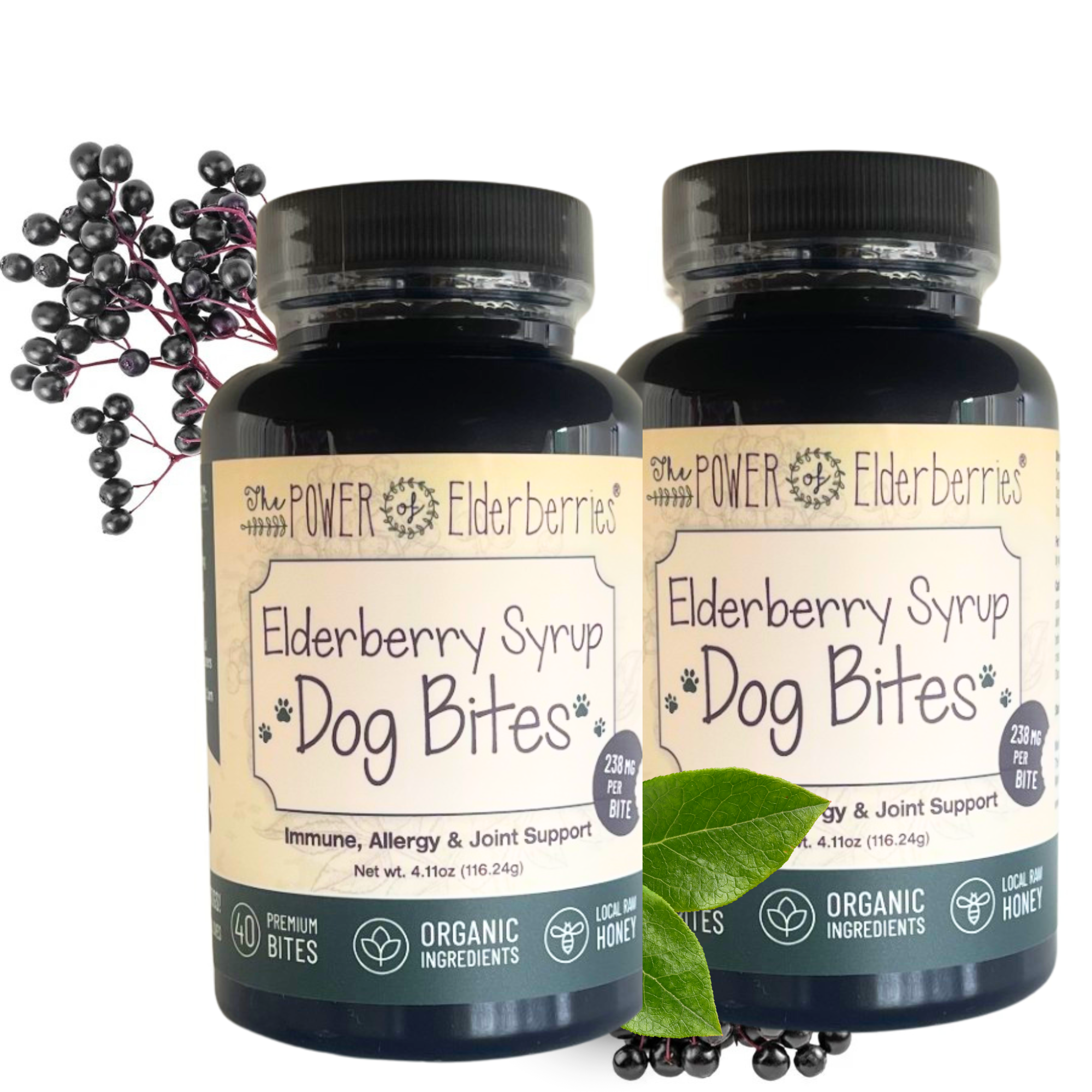 Two 40ct. bottles of The POWER of Elderbrries Elderberry Syrup Dog Bites. This is the Pup Bundle