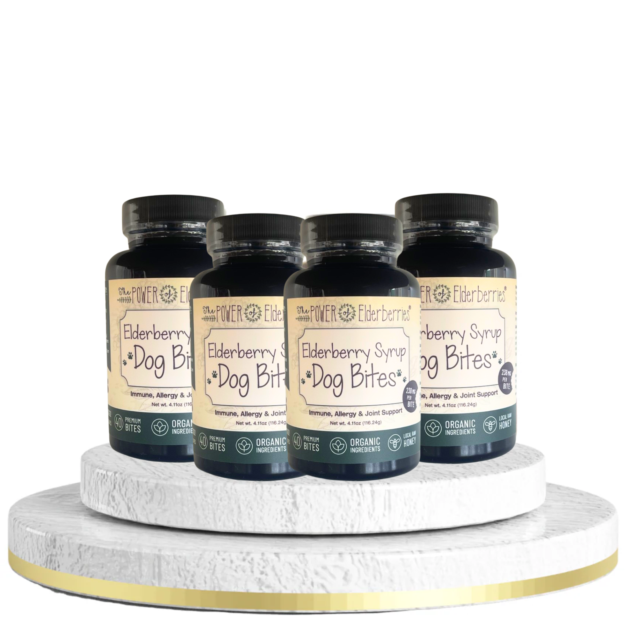 This is 4 bottles of The POWER of Elderberries Elderberry Syrup Dog Bites 40ct. This is the Pup Plus! Bundle
