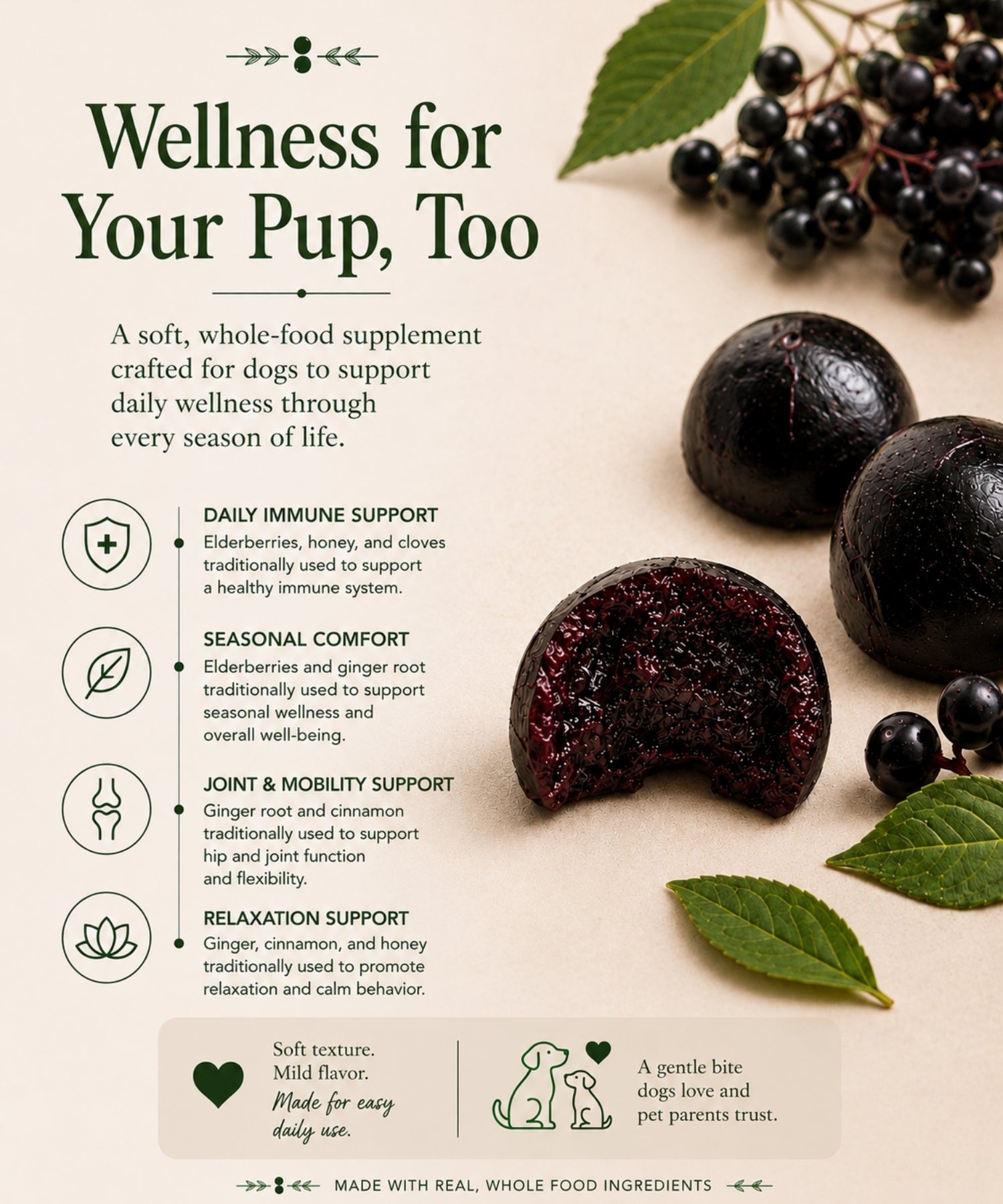 Dog supplement product with ingredients and wellness benefits on a light background.