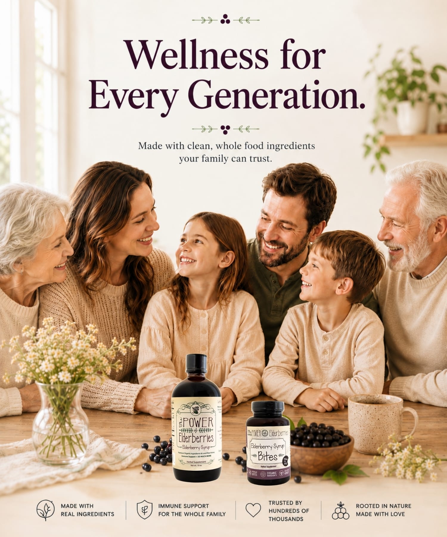 Family enjoying daily wellness routine with elderberry syrup and elderberry syrup bites made with clean whole food ingredients.